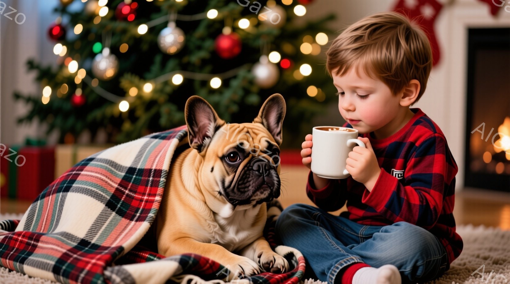 赤いチェック柄のブランケットに包まれた愛らしいフレンチブルドッグと、温かい飲み物を手に持った少年が写っている。少年はデニムのズボンと赤いチェック柄のセーターを着ており、集中した表情でカップを見つめてい - AI生成フリー素材