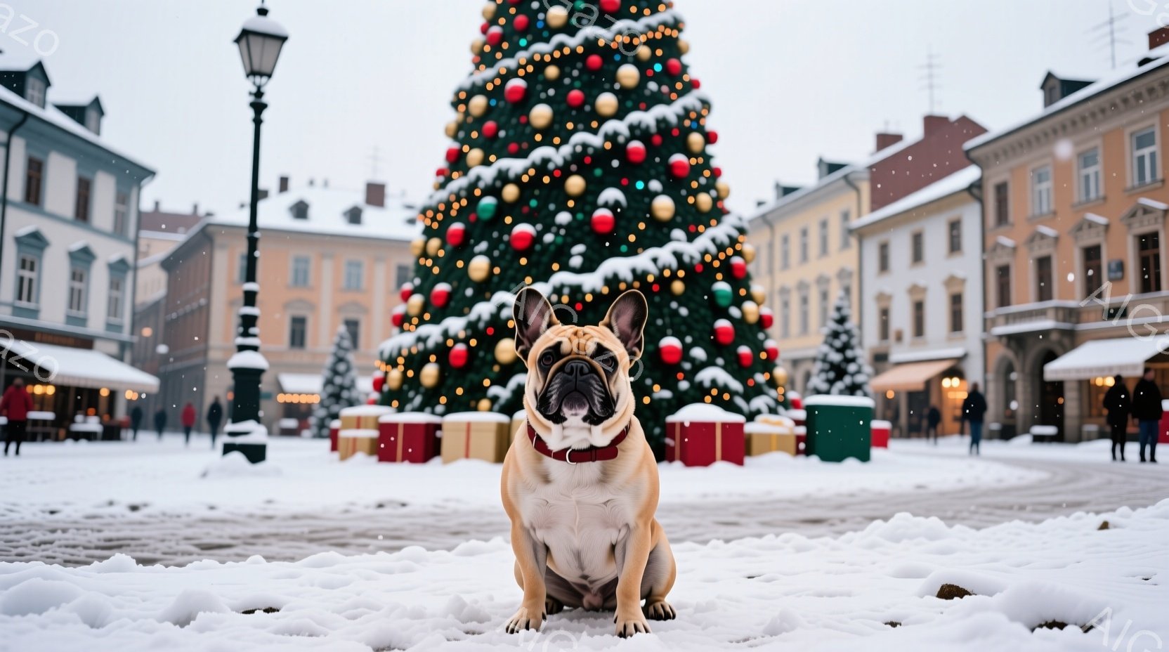 白い雪に覆われた広場の中央に、クリーム色のフレンチブルドッグが座っています。その表情は穏やかで、首輪をつけて正面を見つめています。背景には、色とりどりのオーナメントで飾られた大きなクリスマスツリーと、 - AI生成フリー素材