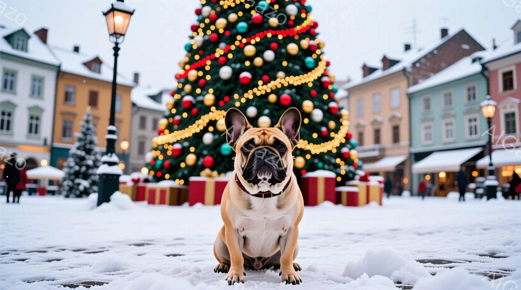白い雪に覆われた広場に、愛らしいフレンチブルドッグが座っています。クリスマスツリーが背景にそびえ立ち、プレゼントボックスが並べられています。穏やかな雰囲気で、冬の温かい休日を象徴する、心温まる光景です - AI生成フリー素材