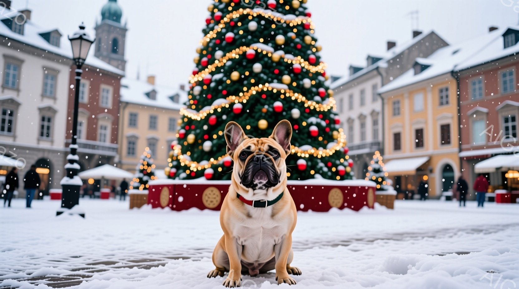 クリーム色のフレンチブルドッグが雪の上に座っており、首輪をしています。背景には、きらびやかな装飾が施された大きなクリスマスツリーがあり、雪が降る広場には建物が立ち並んでいます。全体的に、冬の暖かい祝祭 - AI生成フリー素材