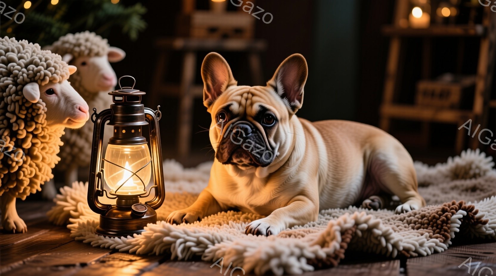 暖炉のそばで、クリーム色のフレンチブルドッグがふわふわのラグの上に横たわっています。アンティーク調のオイルランプが犬の隣に置かれ、温かい光を放っています。背景には木製の棚があり、クリスマスの飾り付けが施され、全体的に温かく、居心地の良い雰囲気が漂っています。