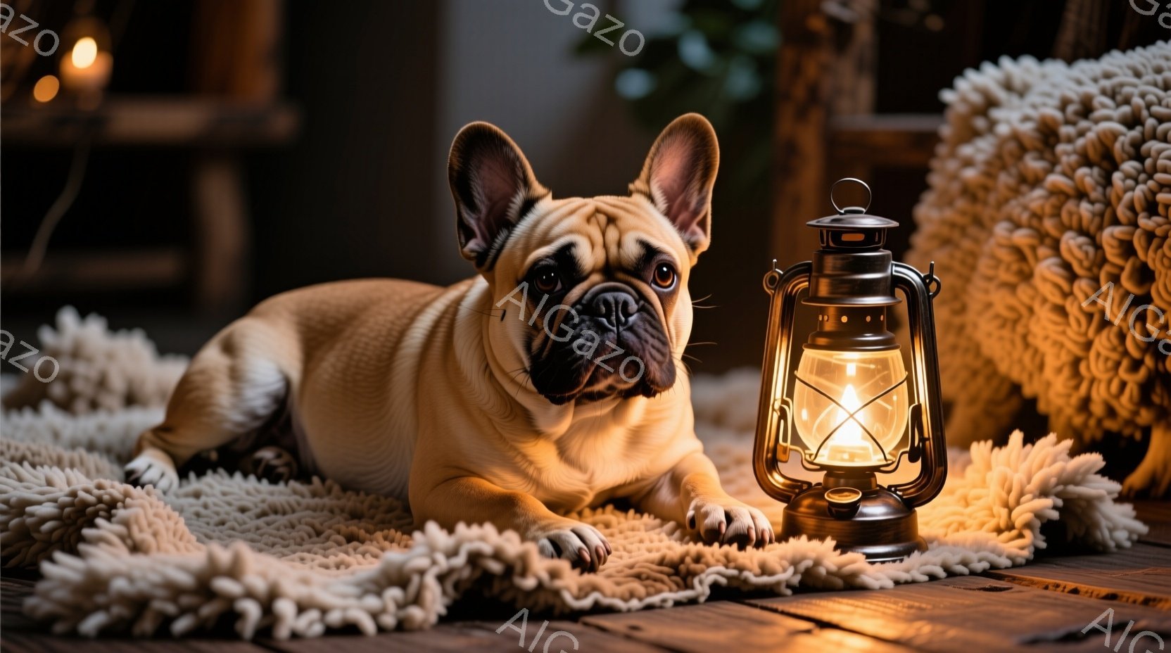 ベージュ色のフレンチブルドッグが、毛足の長い白いラグの上に横たわっています。背後には、点灯したランタンが置かれており、温かい光を放っています。全体的に落ち着いた色調で、リラックスした雰囲気の室内が表現 - AI生成フリー素材