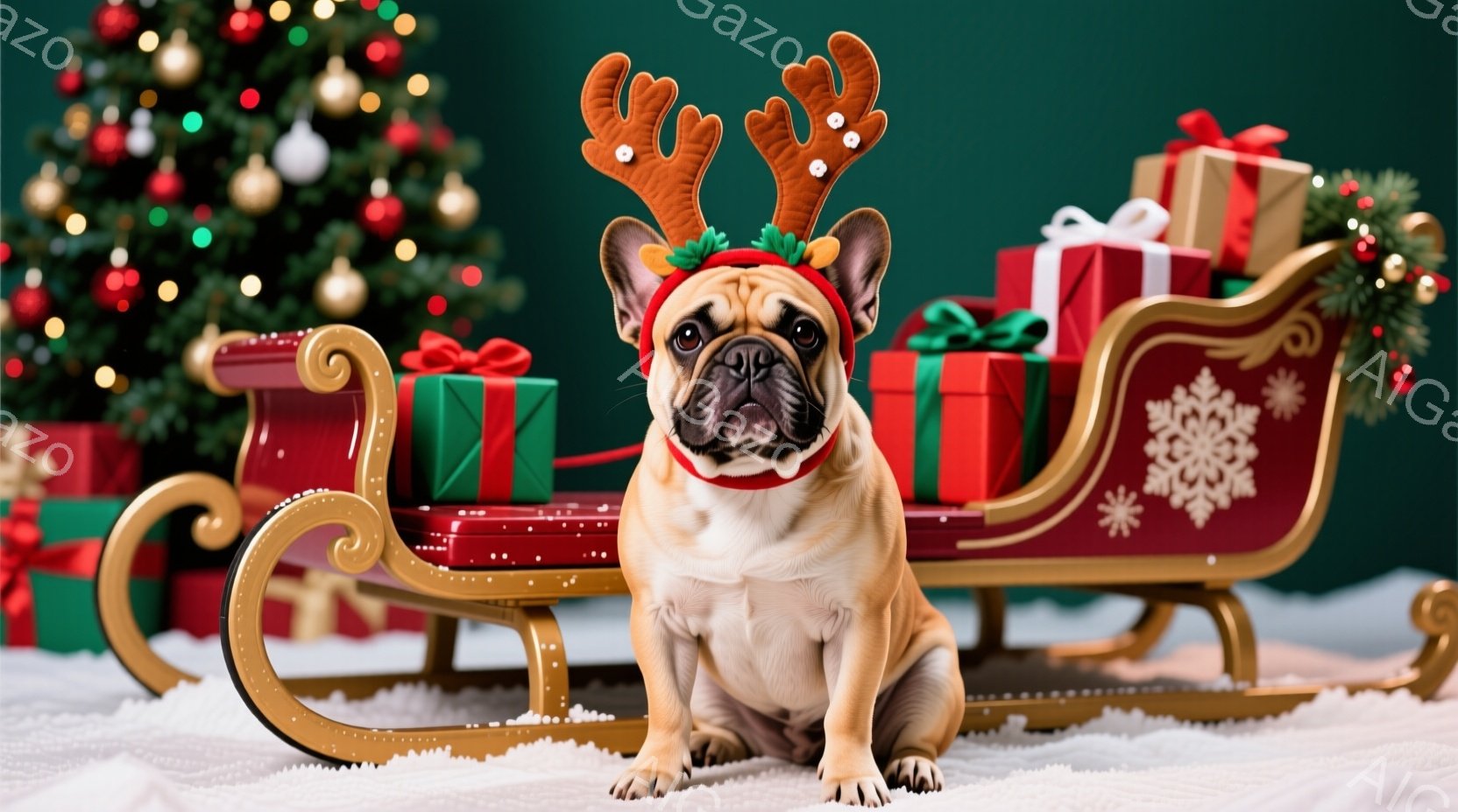 フレブル（フレンチブルドッグ）がクリスマス用のソリに座り、鹿の角のヘッドバンドをつけている。背景にはクリスマスツリーとプレゼントの山があり、白い雪の上に置かれているように見える。全体的に、祝祭的で可愛 - AI生成フリー素材