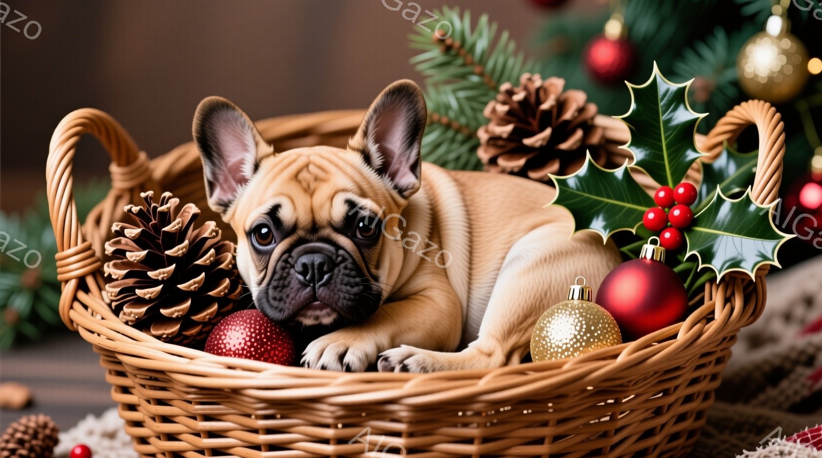 籐編みのバスケットの中に、クリーム色のフレンチブルドッグが横たわっています。周りには、赤い実のついた葉、松ぼっくり、そして金と赤のクリスマスオーナメントが配置され、クリスマスの雰囲気を醸し出しています - AI生成フリー素材