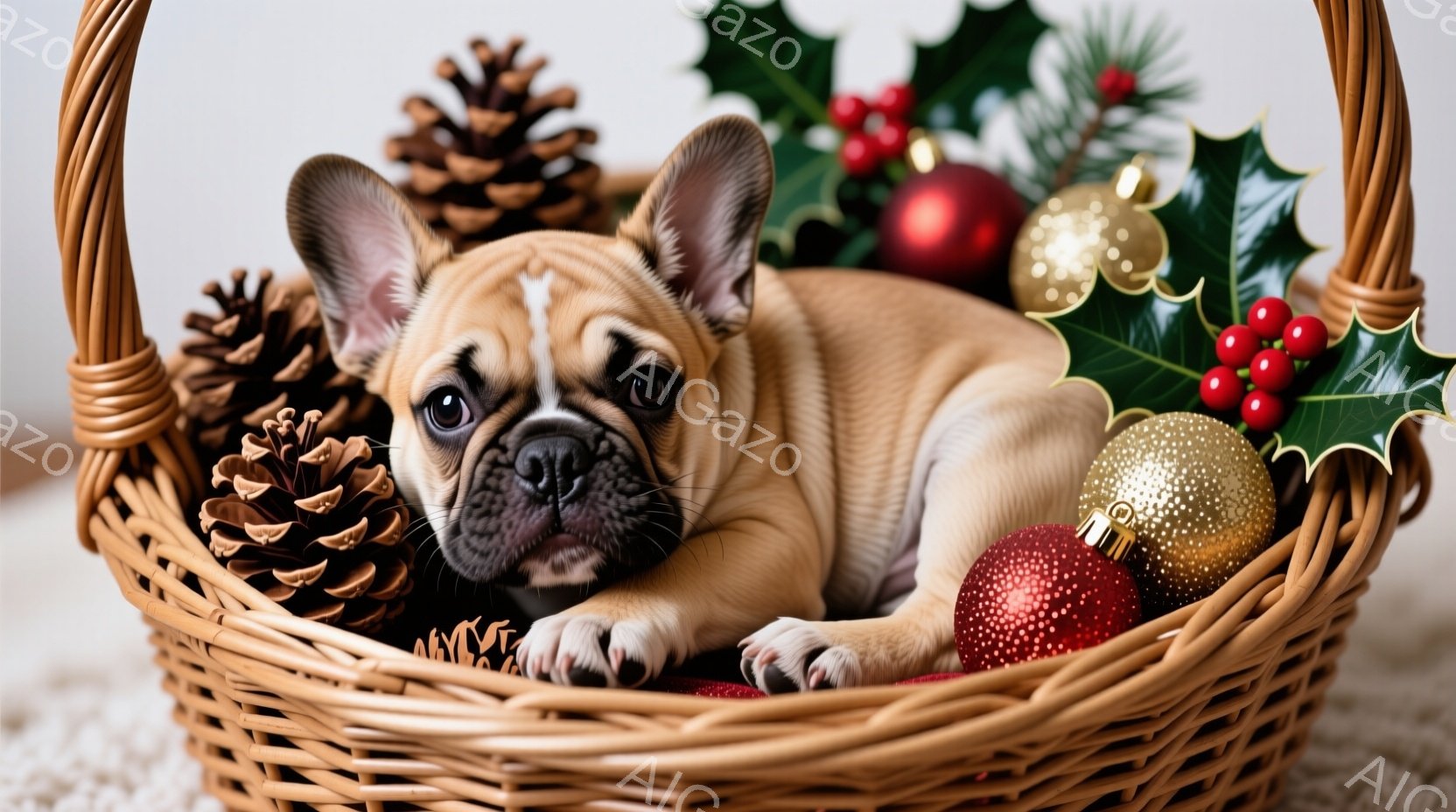 籐のバスケットの中に、クリーム色のフランスブルドッグの子犬が丸まって横たわっています。周りにはクリスマスオーナメントや松ぼっくりが置かれ、子犬はリラックスした表情でこちらを見ています。全体的に温かく、 - AI生成フリー素材