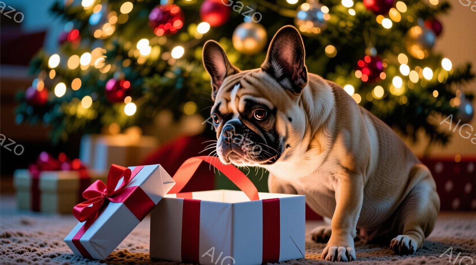 明るい室内で、フレンチブルドッグがプレゼントボックスを覗き込んでいます。犬は茶色の毛並みで、好奇心に満ちた表情をしています。背景には、輝くクリスマスツリーとぼやけた背景が見え、温かく幸せな雰囲気を醸し - AI生成フリー素材