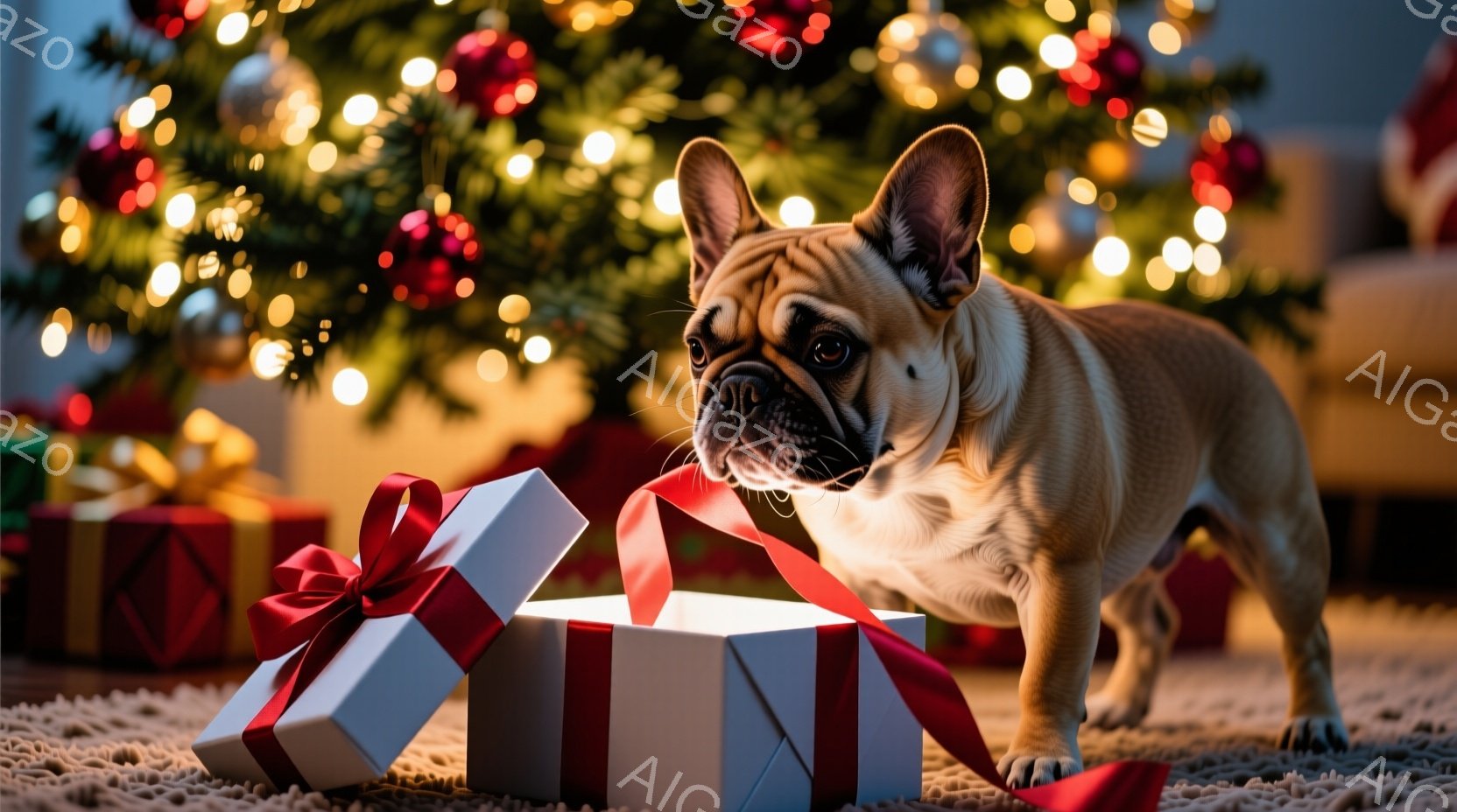 クリーム色のフレンチブルドッグが、赤いリボンと包装紙で飾られた開いたギフトボックスの前に立っています。好奇心と期待に満ちた表情で、ボックスの中を覗き込んでいます。背景には、キラキラと光るクリスマスツリーがぼんやりと見え、暖かいお祝いの雰囲気が漂っています。