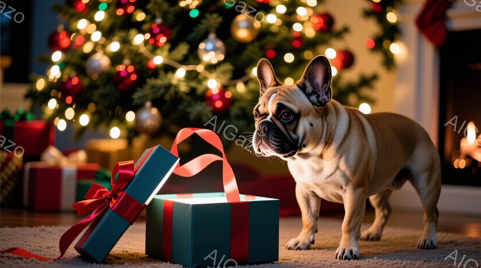 暖炉のそばにプレゼントボックスがあり、その前に茶色のフレンチブルドッグが興味津々でプレゼントを見つめています。プレゼントは緑色で赤いリボンがついており、開いて中が見えています。背景にはクリスマスツリー - AI生成フリー素材