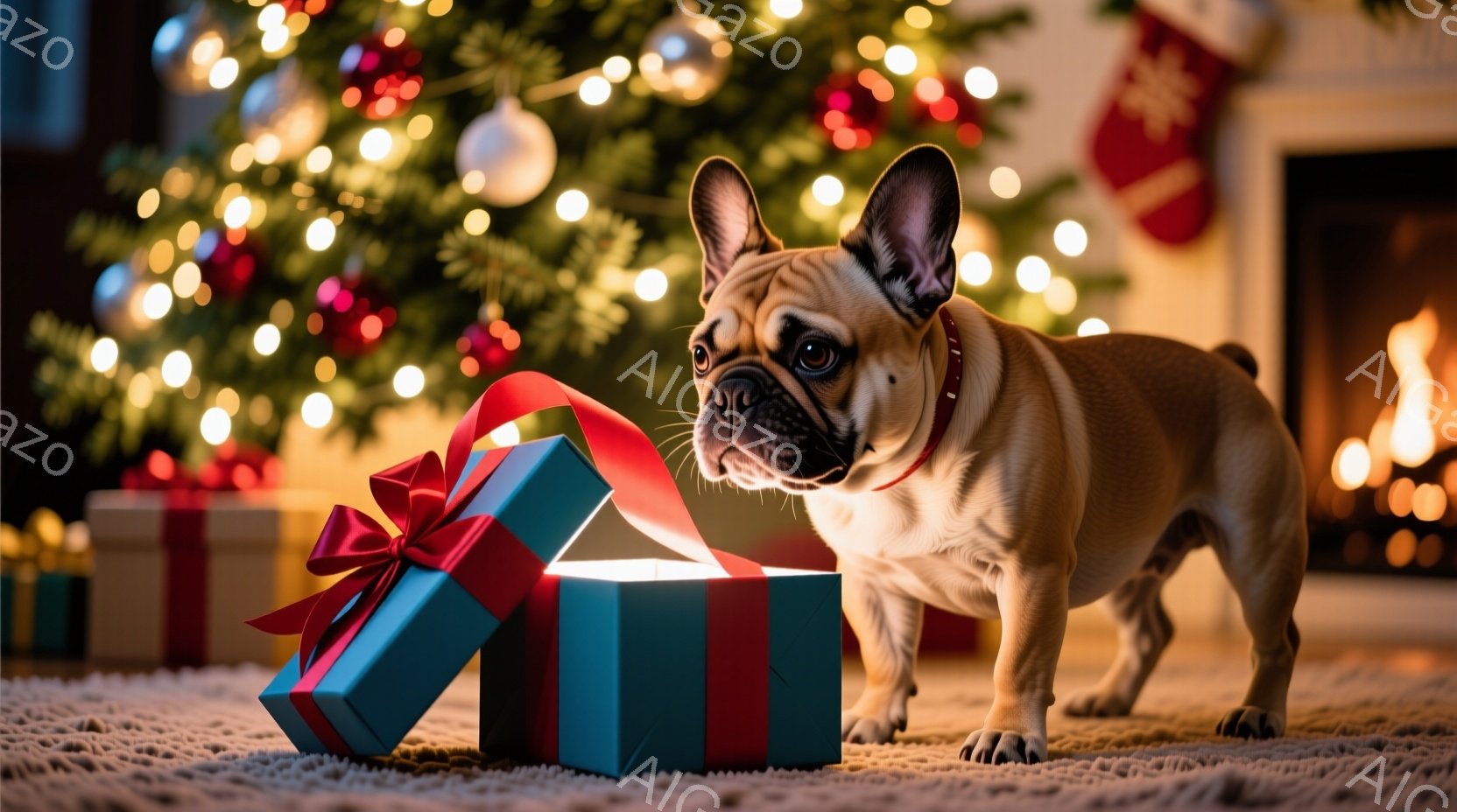 暖炉のある部屋で、ベージュ色のフレンチブルドッグが、開いた緑と赤のギフトボックスの前に立っています。犬はギフトボックスの中を興味深そうに覗き込んでおり、その表情は好奇心に満ちています。背景には、色とり - AI生成フリー素材