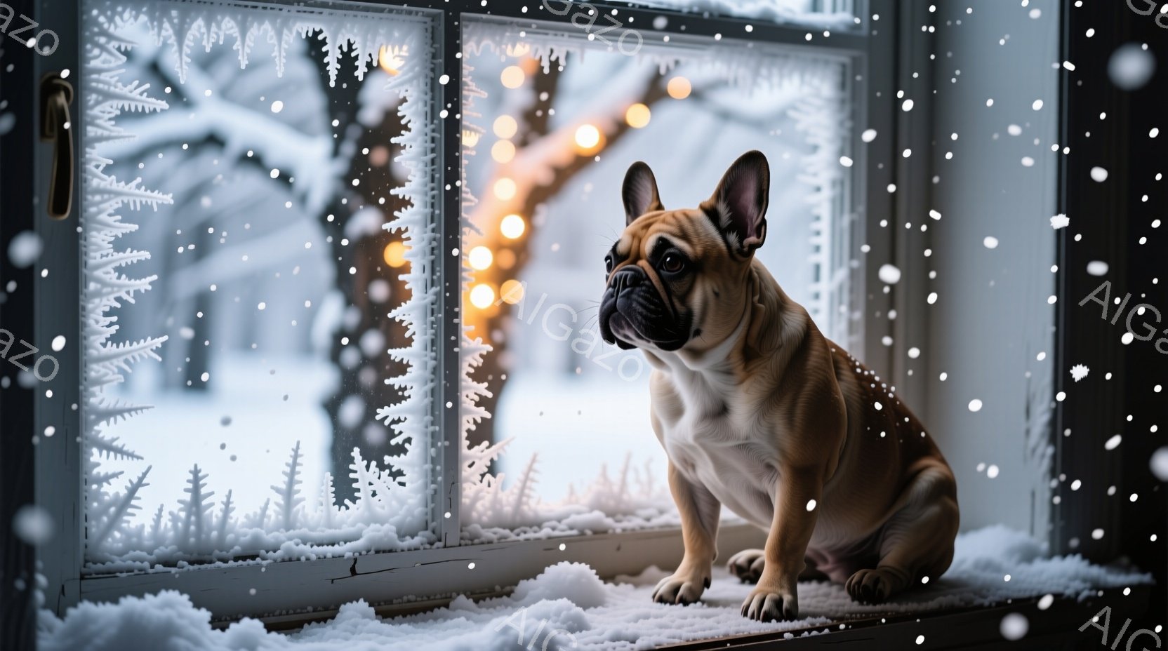 白い雪景色を背景に、窓枠に座っているクリーム色のフレンチブルドッグが写っています。犬は少し上を見つめ、警戒心と好奇心が入り混じった表情をしています。窓には雪の結晶のような模様が描かれ、外は雪が降り積もっている冬の風景が広がっています。