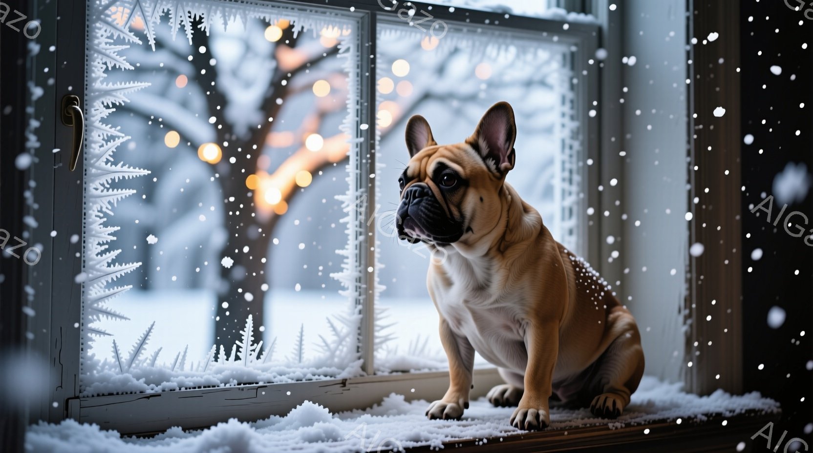白い雪景色を背景に、窓枠に座るクリーム色のフレンチブルドッグが描かれています。犬は少し斜めに顔を傾げ、外をじっと見つめており、冬の静寂と暖かさを感じさせる穏やかな表情をしています。窓枠は雪で覆われ、背 - AI生成フリー素材