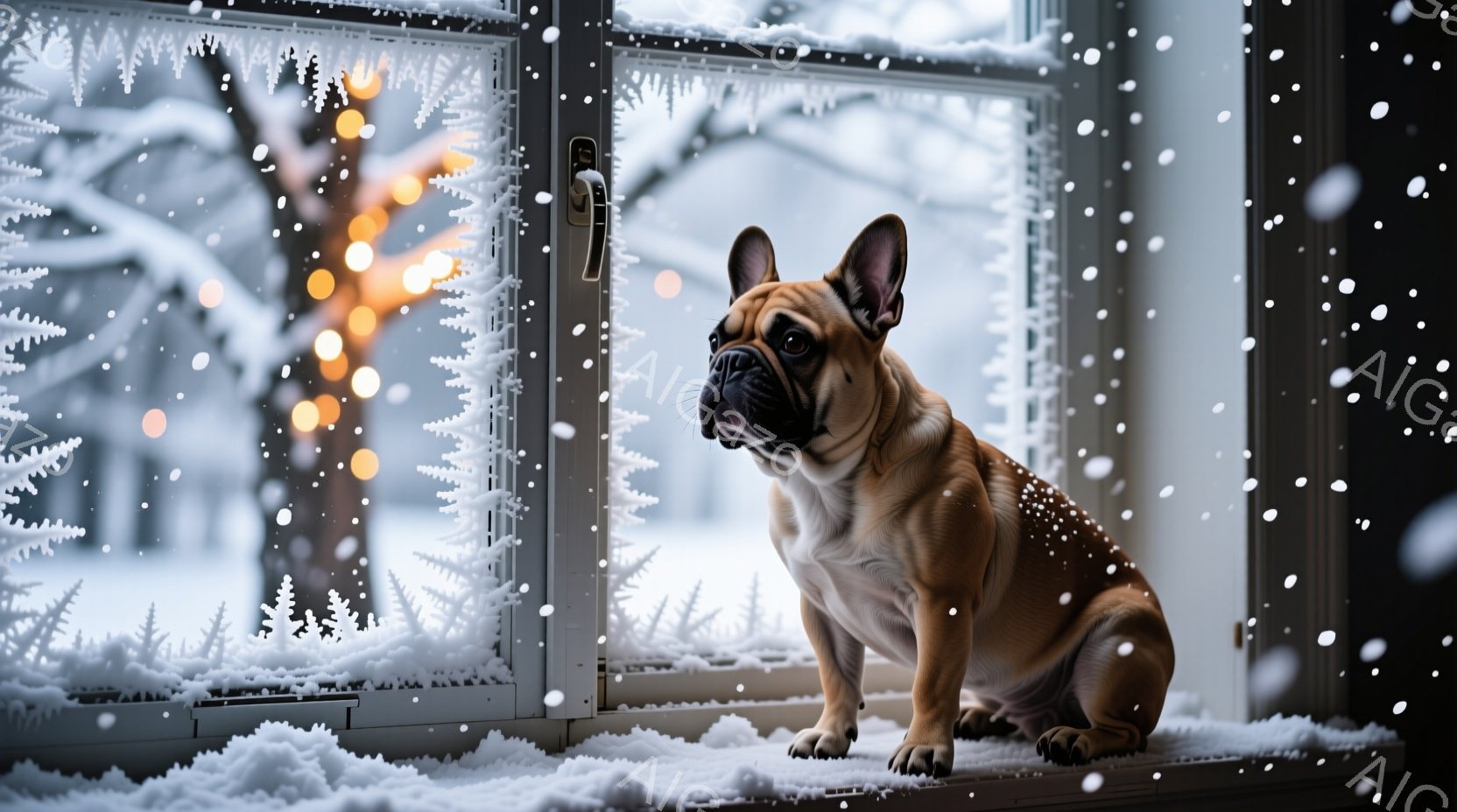 白い窓枠に座るクリーム色のフレンチブルドッグが写っています。外は雪景色で、ぼんやりとした光が灯る木々が見えます。犬は窓の外を静かに見つめ、どこか物憂げな表情を浮かべています。 - AI生成フリー素材