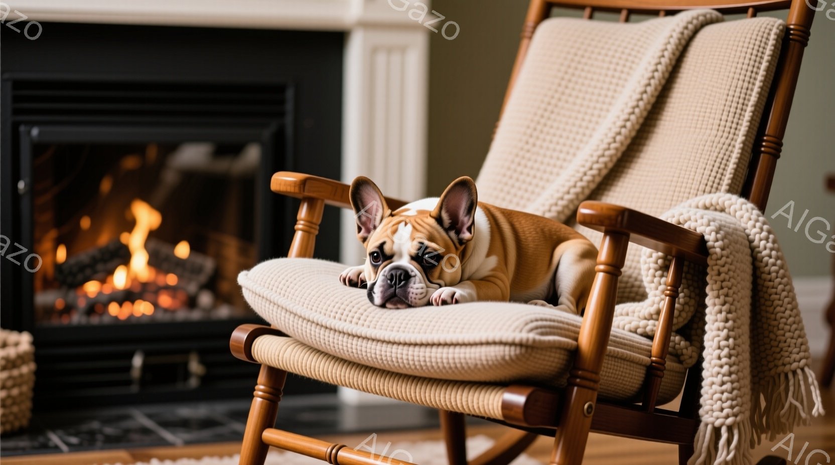 ブランチ犬がクッション付きのロッキングチェアに横たわっています。その犬は茶色と白の毛並みで、リラックスした表情をしています。背景には暖炉があり、暖かく居心地の良い雰囲気を醸し出しています。