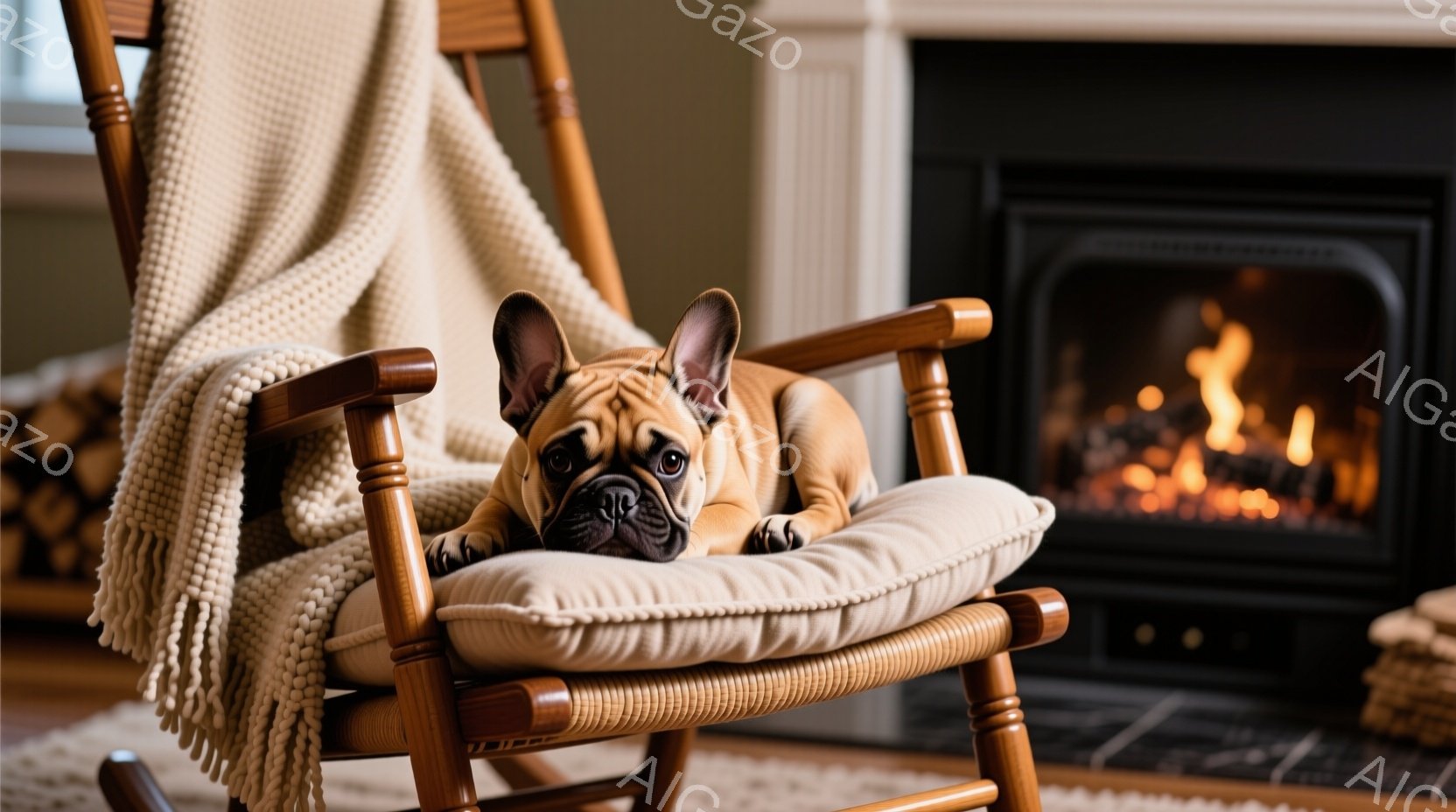温かみのある部屋で、ロッキングチェアに横たわるブルドッグが描かれています。椅子にはオフホワイトのクッションと、ベージュの編み物ブランケットがかけられています。暖炉の炎が背景にぼんやりと見え、リラックスした穏やかな雰囲気を醸し出しています。