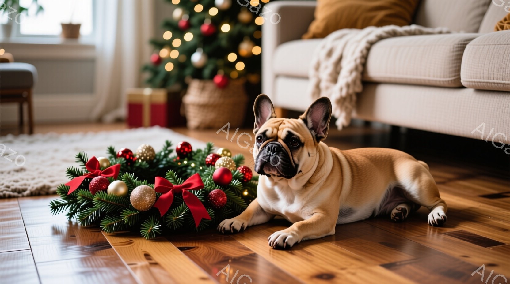 暖炉のある居間に、クリーム色のフレンチブルドッグがクリスマスリースの上に横たわっています。犬は落ち着いた表情でカメラを見ており、背景にはクリスマスツリーとプレゼントが置かれた棚が見えます。木製の床と暖 - AI生成フリー素材
