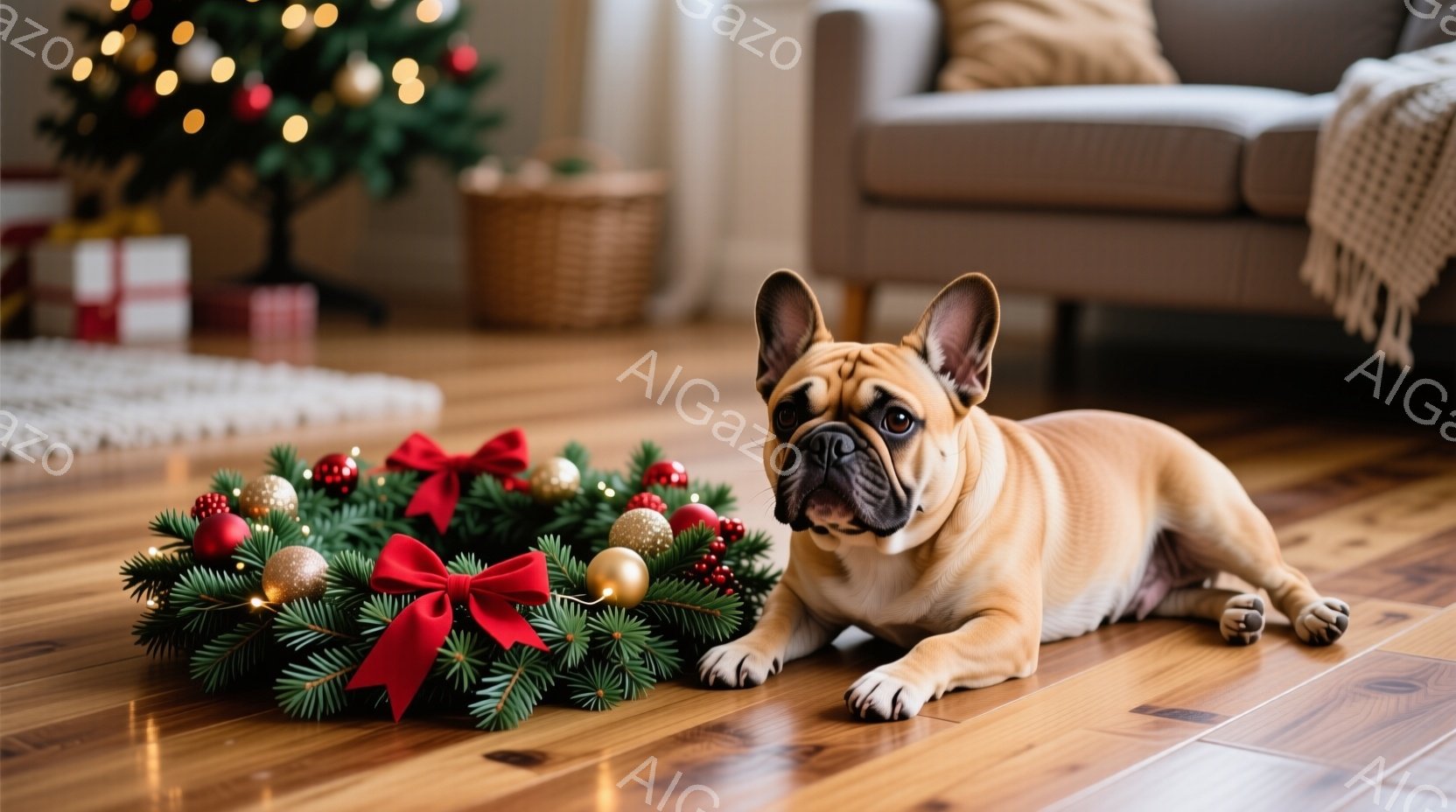 暖炉のそばの木の床に、茶色のフレンチブルドッグが横たわっています。その犬の隣には、赤いリボンと金色のオーナメントで飾られたクリスマスリースが置かれています。背景には、クリスマスツリーやプレゼント、そし - AI生成フリー素材