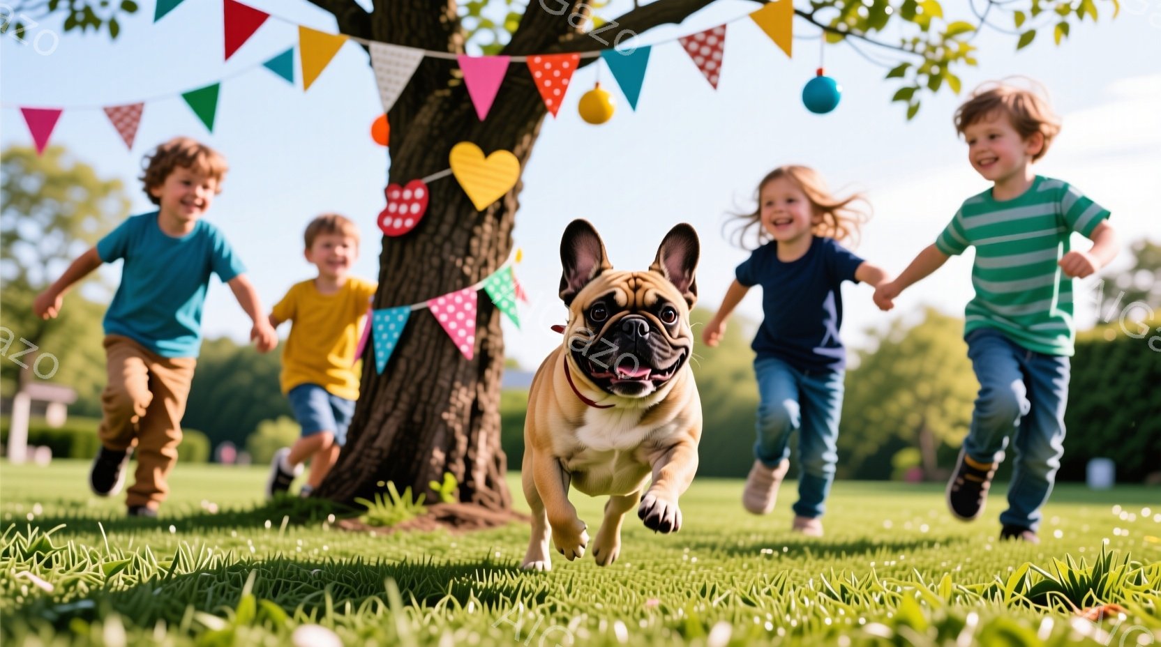 明るい緑の芝生の上を、茶色のフレンチブルドッグが勢いよく走っている。カラフルな旗が飾られた大きな木のそばで、３人の子供たちが笑顔で犬を追いかけている。晴れた空と緑豊かな背景から、楽しげな夏の日の雰囲気 - AI生成フリー素材