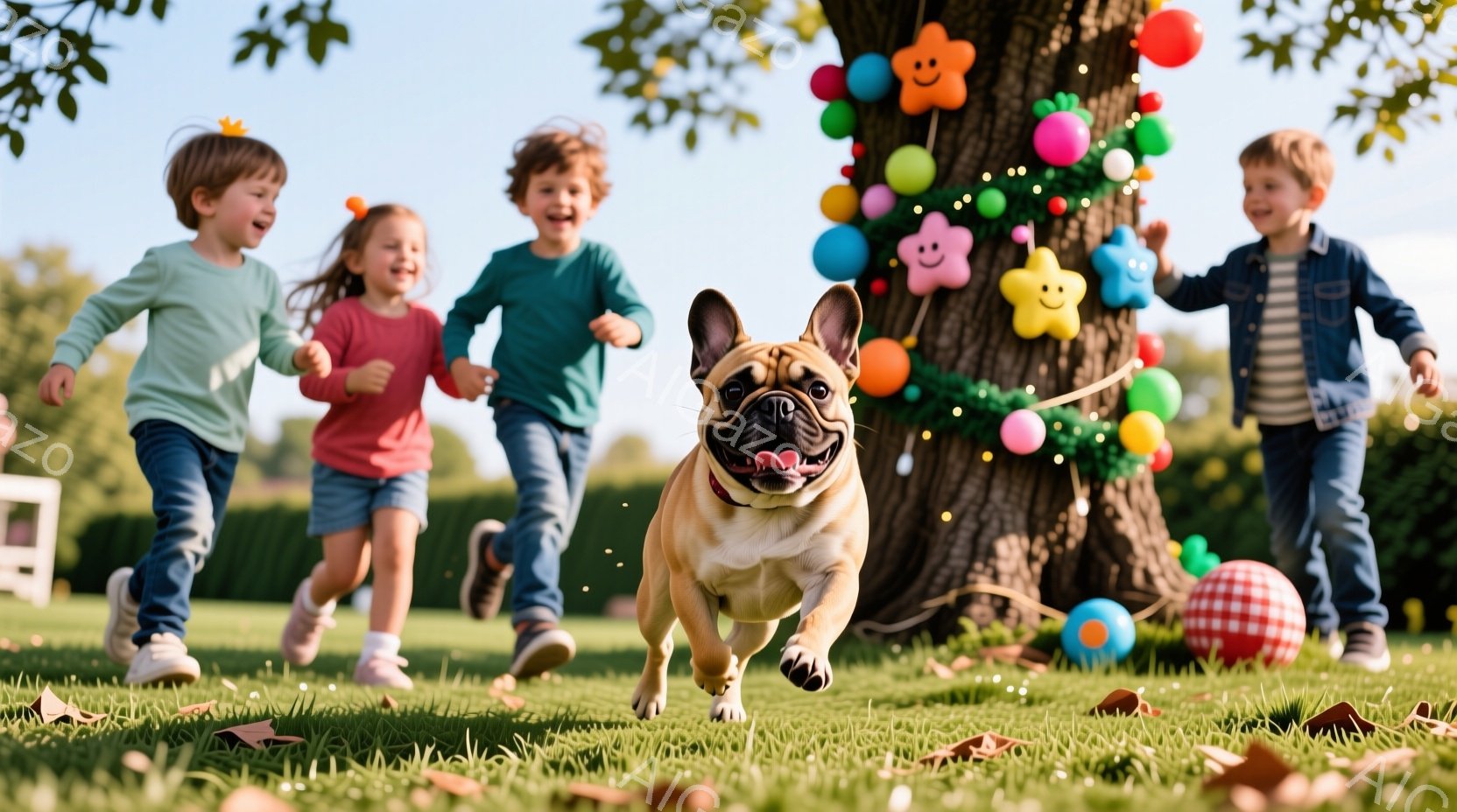 緑豊かな芝生の上を、３人の子供と一匹の犬が楽しそうに走っている。子供たちはそれぞれ明るい色の服を着ており、笑顔で活発に走り回っている。背景には、カラフルな風船で飾られた木があり、晴天の下で温かく楽しい - AI生成フリー素材