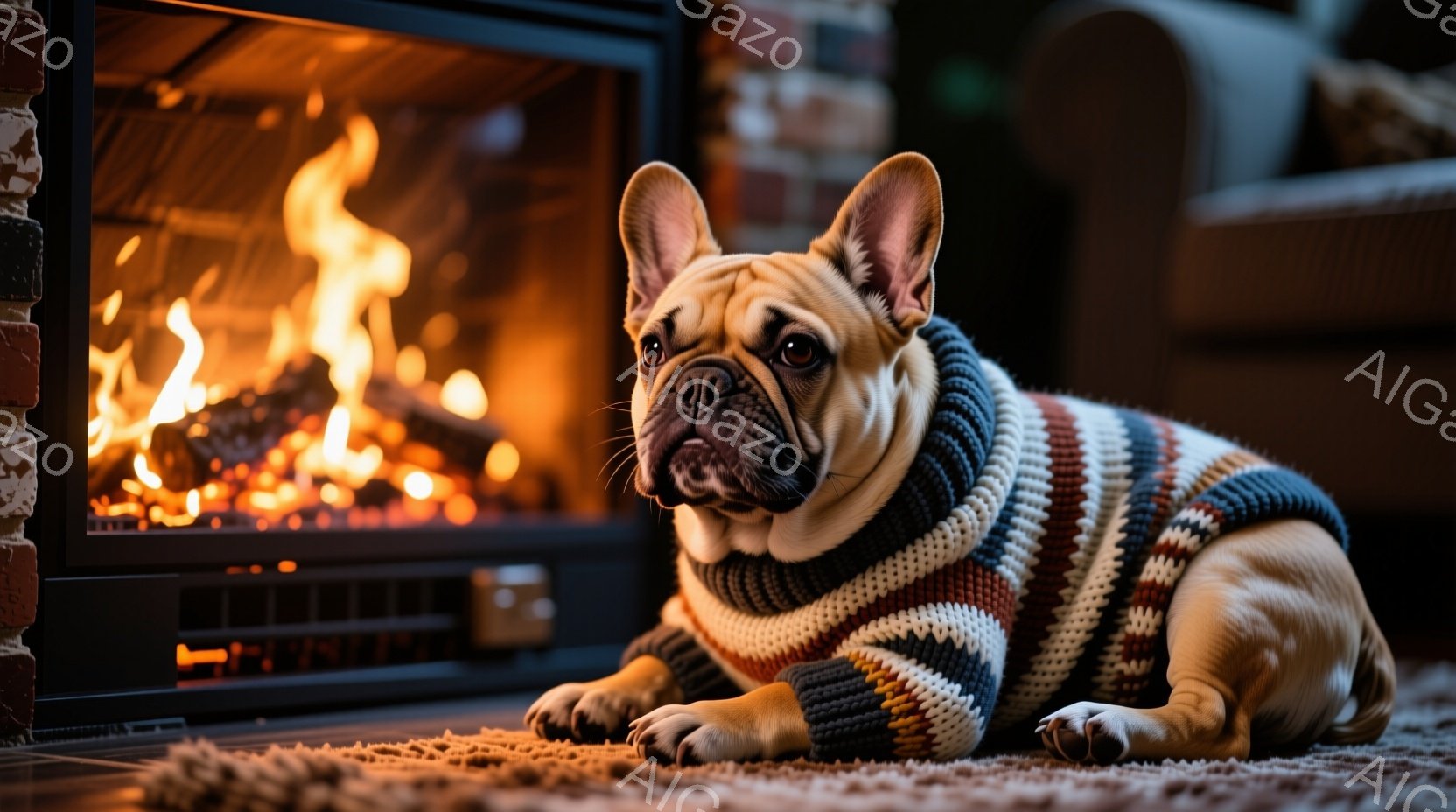 暖炉の前にベージュ色のフレンチブルドッグが横たわっています。縞模様のセーターを着ており、少し憂いを帯びた表情で正面を見ています。暖炉の炎が暖かく、背景にはぼやけたソファが見え、リラックスした冬の雰囲気を醸し出しています。