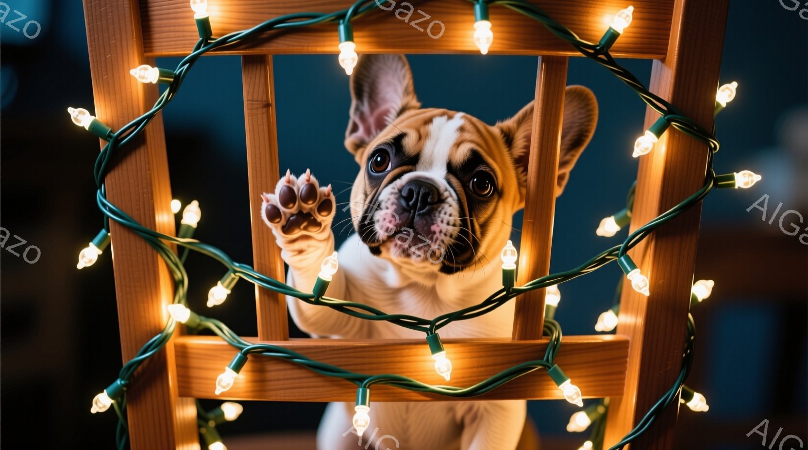 椅子に巻き付いたオレンジ色の電飾ライトに囲まれた、白い毛並みのフレンチブルドッグが写っています。犬は前足を上げて椅子越しにこちらを見ており、少しいたずらっぽい表情を浮かべています。背景は暗く、焦点は犬と椅子に合わされており、温かく遊び心のある雰囲気を醸し出しています。