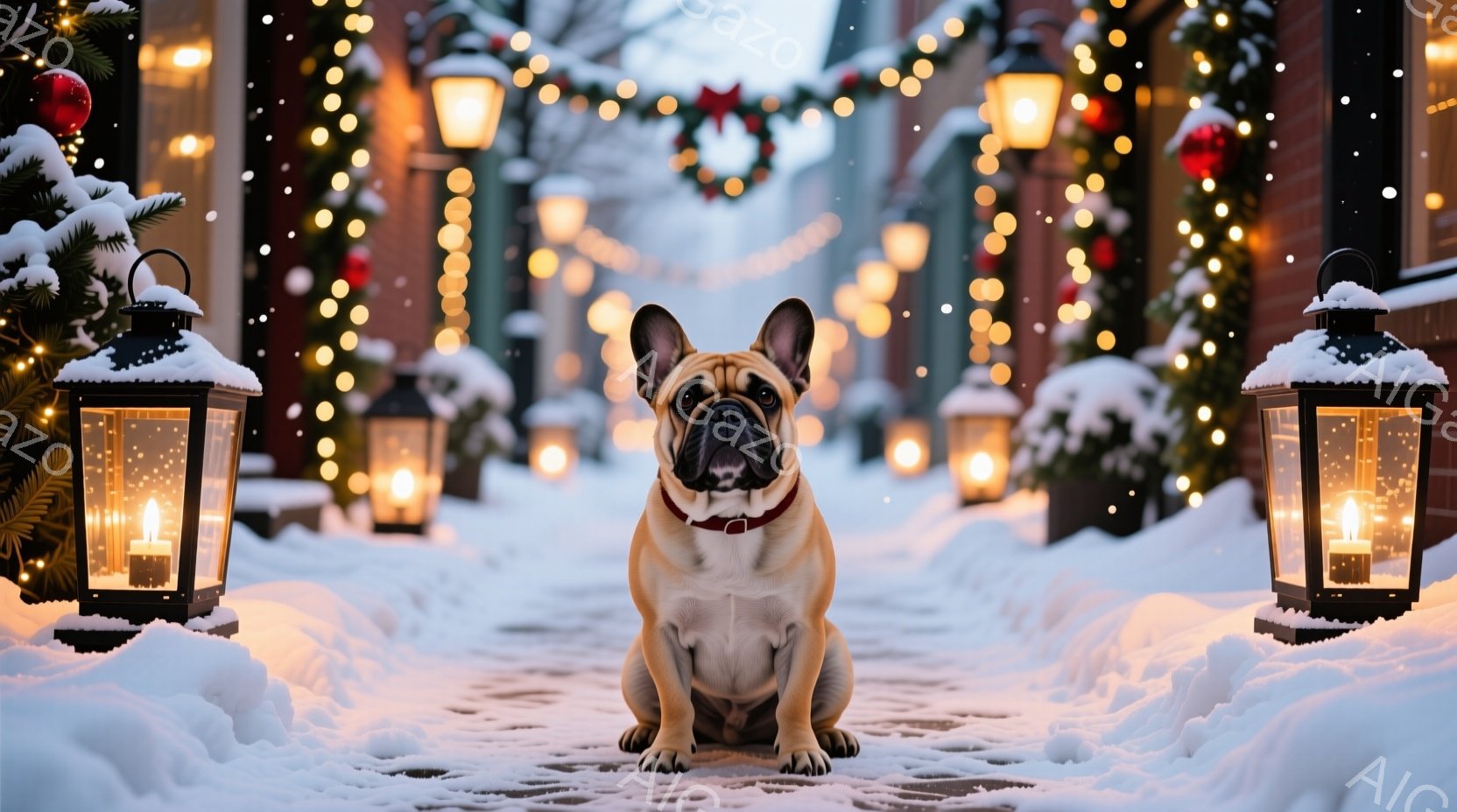白い雪で覆われた石畳の道に、愛らしいフレンチブルドッグが座っています。その犬は茶色の首輪を付けており、正面を見て穏やかな表情をしています。背景には、クリスマスの装飾が施された建物や点灯されたランタンが - AI生成フリー素材