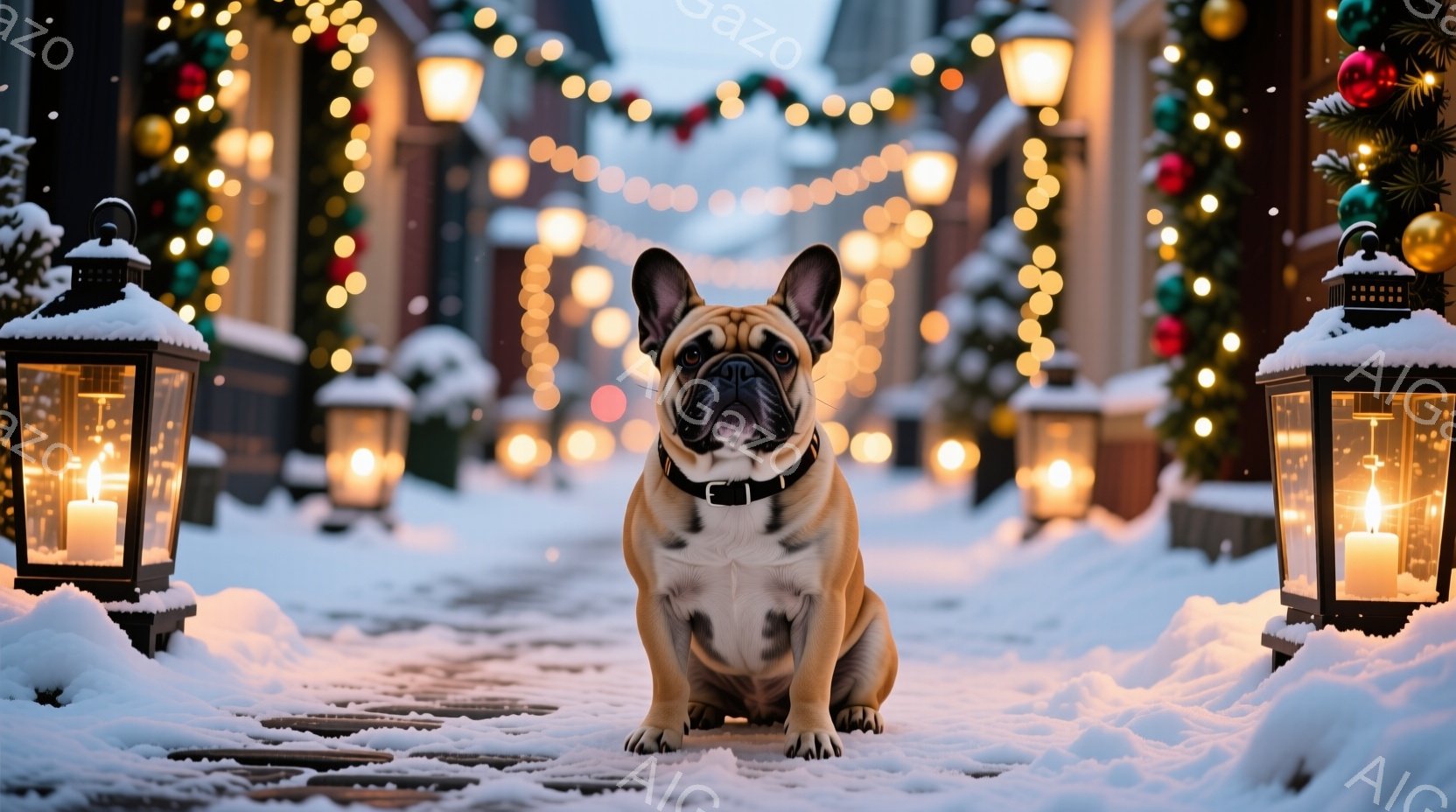 白い雪に覆われた道に、タン色のフレンチブルドッグが座ってこちらを見ています。首輪をつけており、少し警戒したような、または好奇心旺盛な表情をしています。背景にはクリスマスの飾り付けが施された建物や、点灯 - AI生成フリー素材