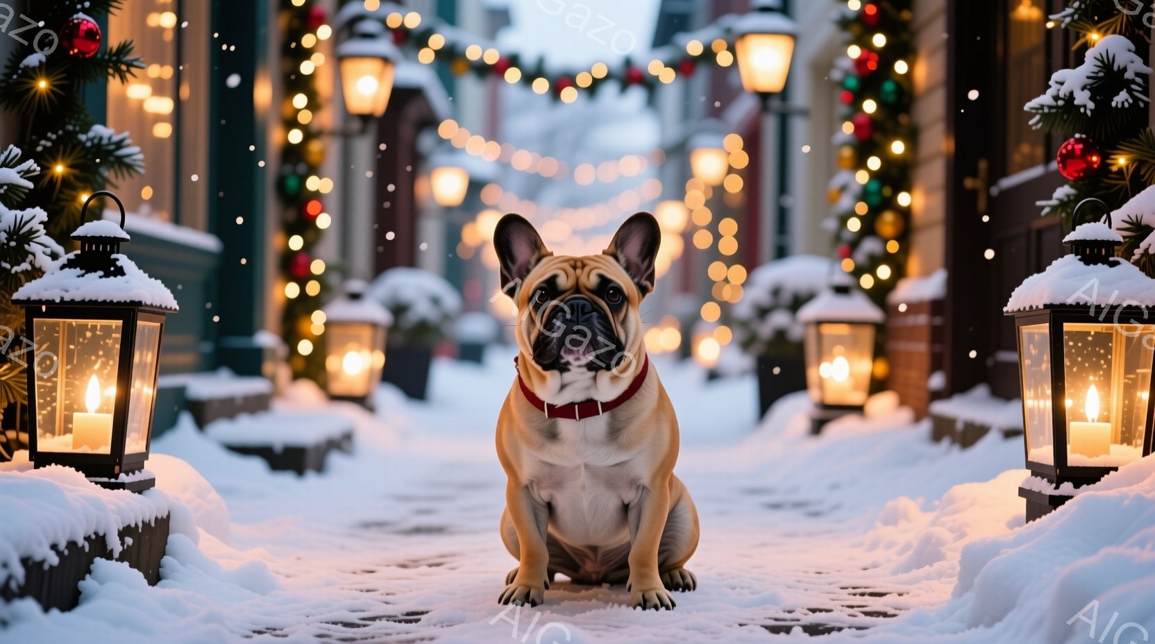 クリーム色のフレンチブルドッグが雪に覆われた通りで正面を見据えています。赤い首輪をつけており、少し警戒したような表情をしています。背景には、イルミネーションで飾られた建物と、雪に覆われた木々が広がって - AI生成フリー素材