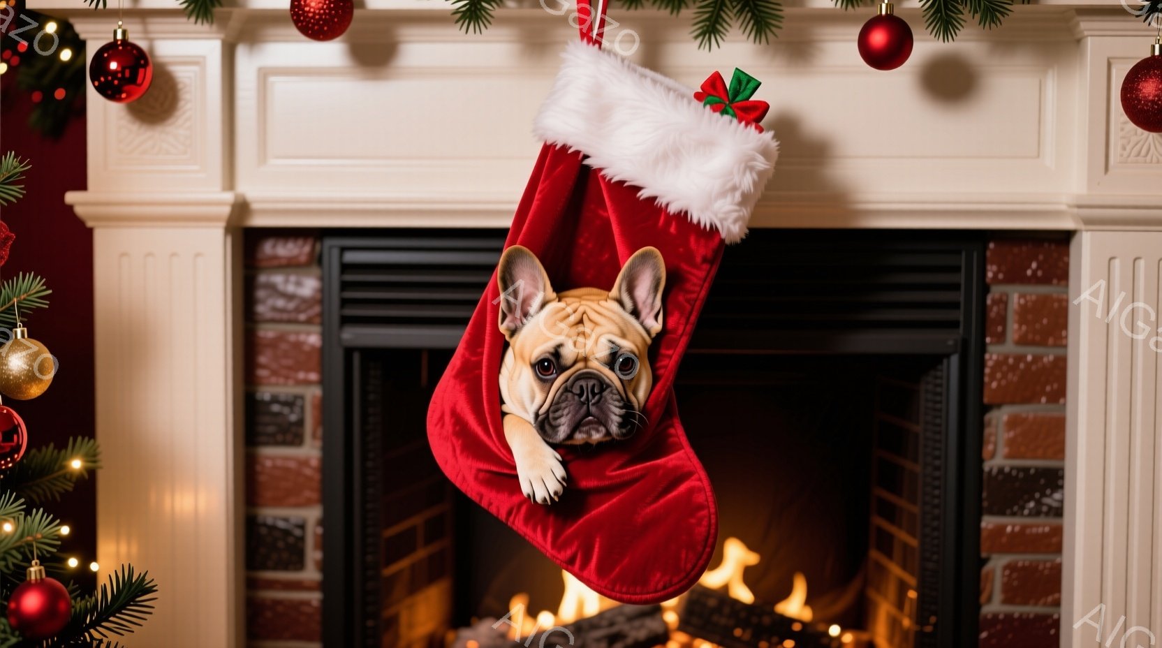 赤いクリスマスストッキングの中に、可愛らしいフレンチブルドッグが頭を出しています。犬は少し困ったような表情で、まるで「ここから出して！」と訴えているかのようです。背景にはレンガ造りの暖炉と、クリスマス - AI生成フリー素材