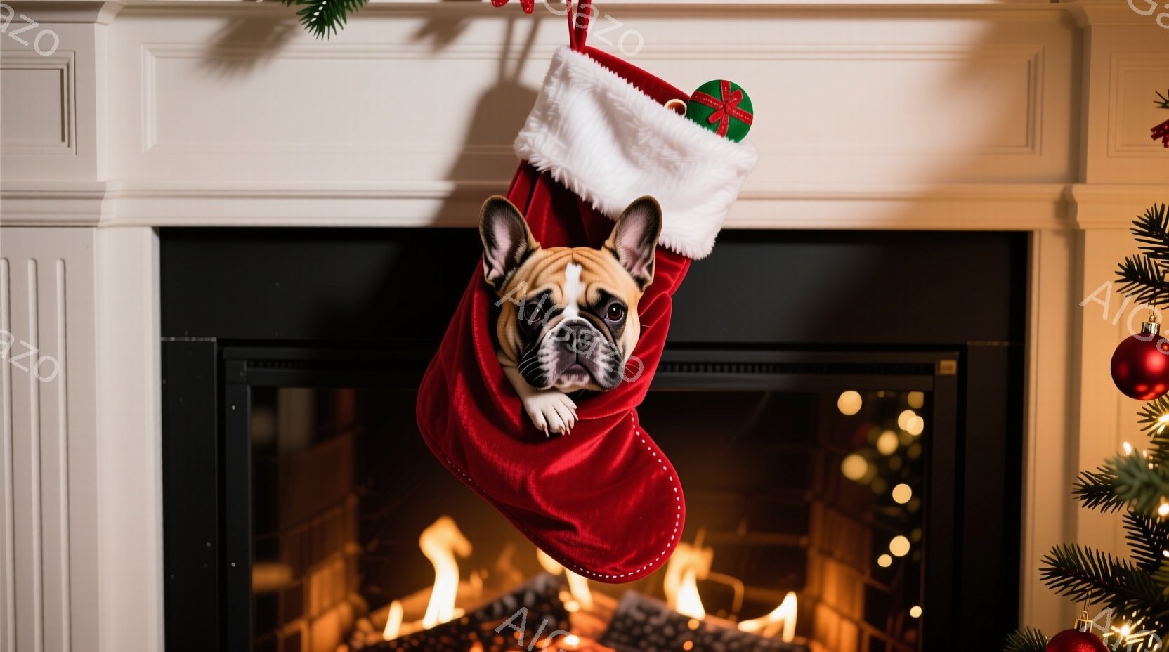 赤いクリスマスストッキングの中に、可愛らしいフレンチブルドッグが顔を出しています。その表情は少し驚いたようであり、クリスマスの飾り付けられたクリスマスツリーと暖炉の炎が背景にぼんやりと見えます。暖炉の - AI生成フリー素材