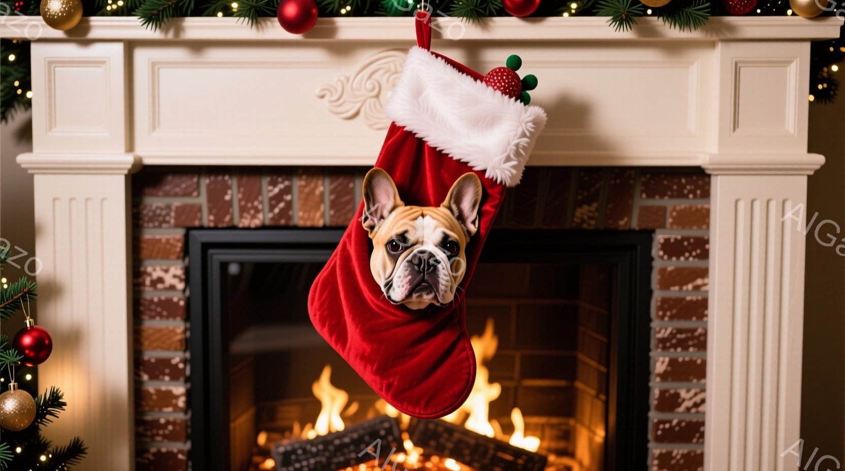 赤いクリスマスストッキングの中に、可愛らしいフレンチブルドッグが顔を出しています。犬は少し困ったような、または面白い表情でカメラを見ており、ストッキングのフリルがその愛らしさをさらに引き立てています。 - AI生成フリー素材