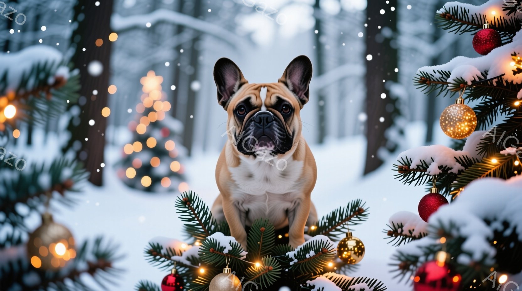 クリーム色の毛並みのフレンチブルドッグが、クリスマスツリーの枝に囲まれて正面を見つめています。雪が舞う冬の森を背景に、暖色系のイルミネーションがぼんやりと光り、静かで穏やかな雰囲気を醸し出しています。 - AI生成フリー素材