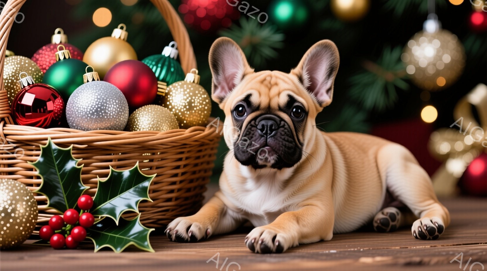 クリーム色のフレンチブルドッグの子犬が、クリスマスオーナメントが詰まったバスケットの横に横たわっています。子犬は正面を見ており、少し眠たげな表情をしています。背景には、クリスマスツリーのぼやけた光とオ - AI生成フリー素材