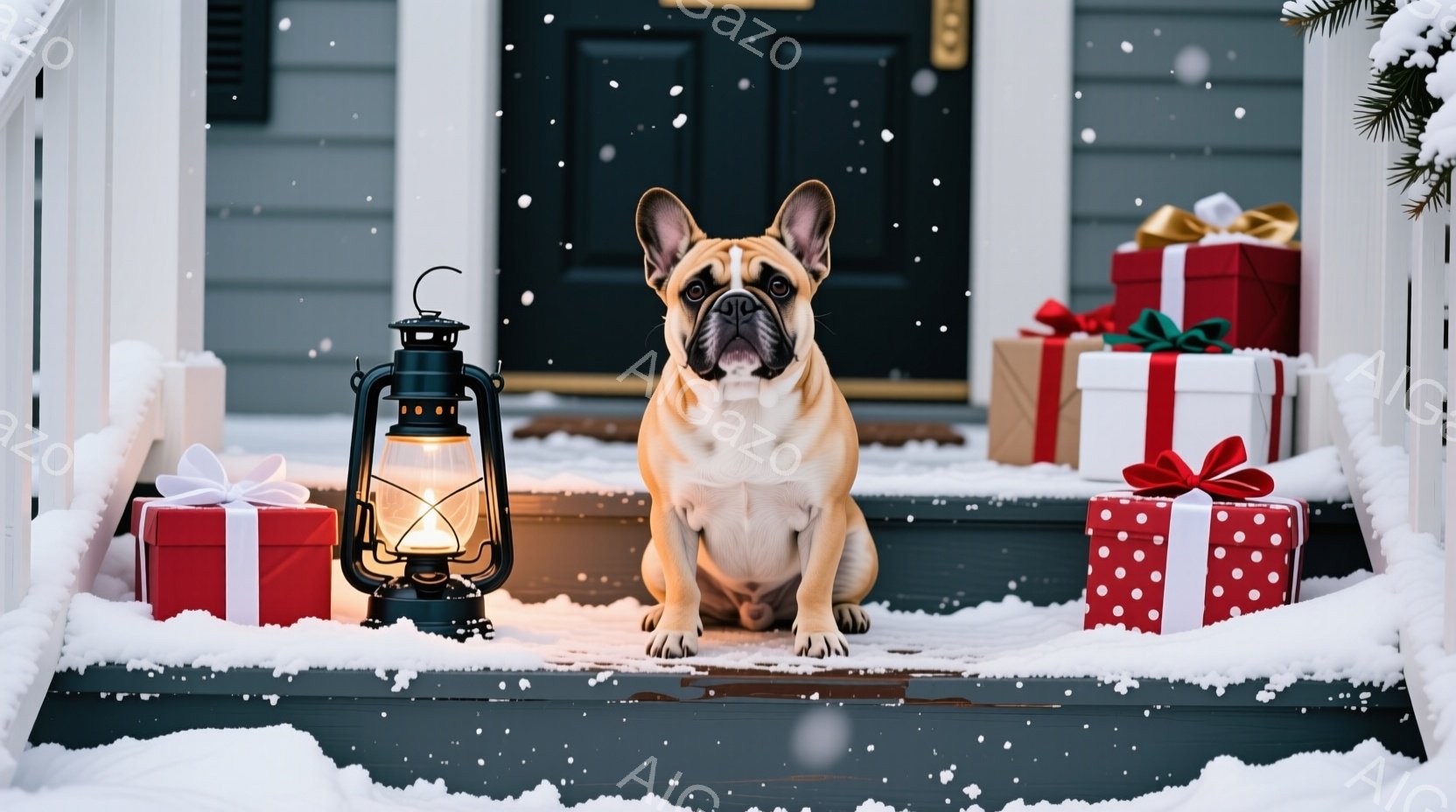 白い雪が降り積もる家の玄関の階段に、クリーム色のフレンチブルドッグが座っています。犬は正面を向き、丸い目でカメラを見ており、その表情は穏やかで可愛らしいです。背景には、赤い包装紙とリボンで飾られたプレ - AI生成フリー素材