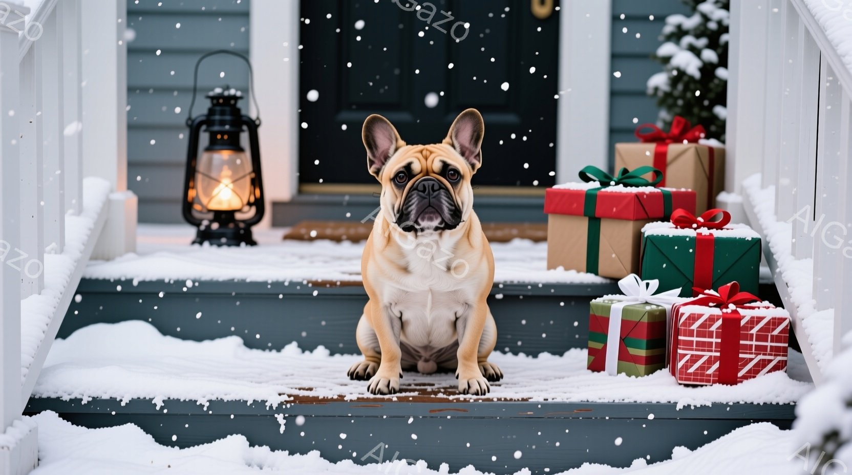 白い雪が降り積もる家の階段に、クリーム色のフレンチブルドッグが正面を向いて座っています。犬は落ち着いた表情で、背景にはリボンで飾られたギフトボックスがいくつか積まれています。暗い色の玄関と、点灯してい - AI生成フリー素材