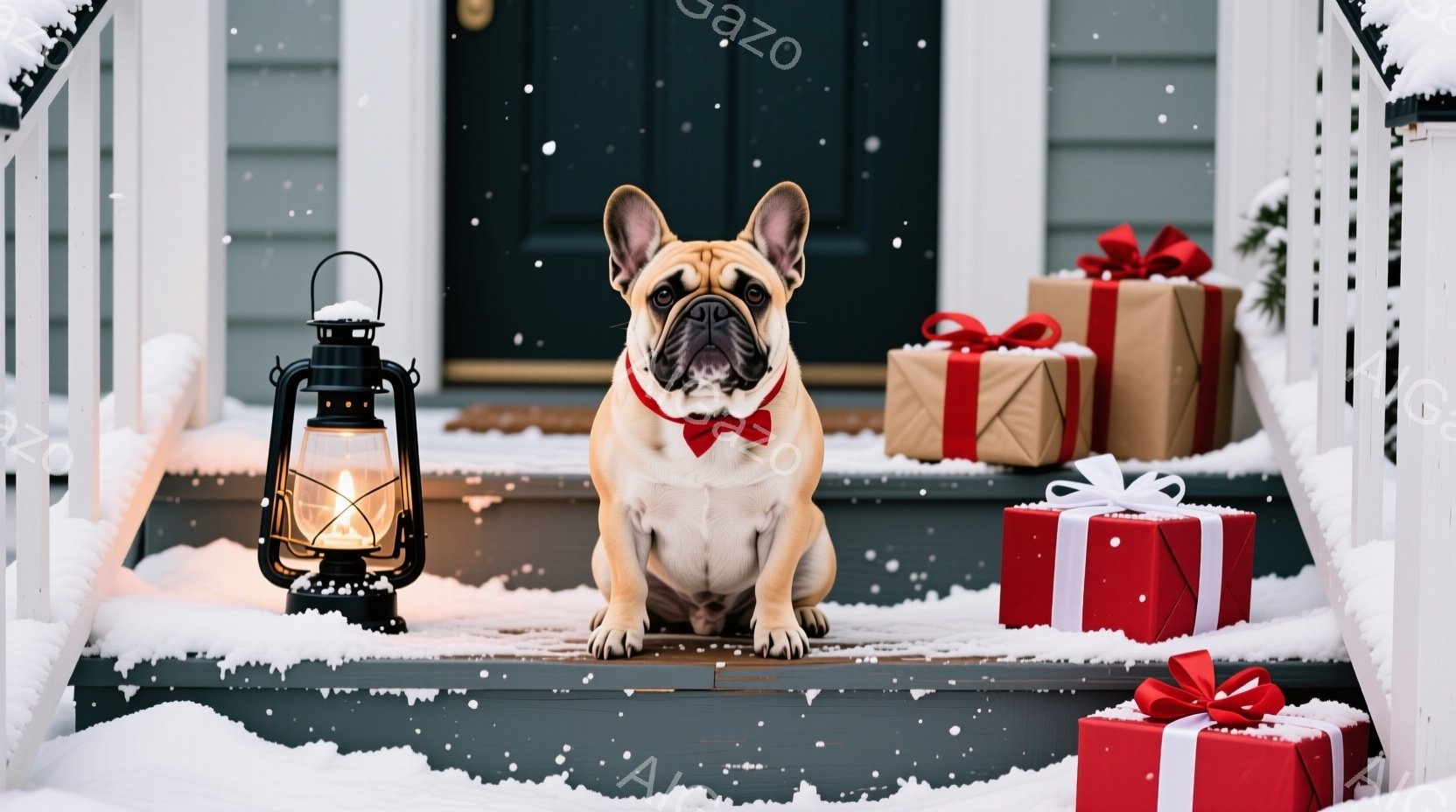 愛らしい子犬がクリスマスツリーの足元で、キラキラと光る電飾にからまっています。子犬は正面を見つめ、少し困ったような、でもどこか可愛らしい表情をしています。背景には、ぼやけたクリスマスツリーとプレゼント、そして暖炉の炎が見え、温かく、お祝いムード満点の雰囲気が漂っています。