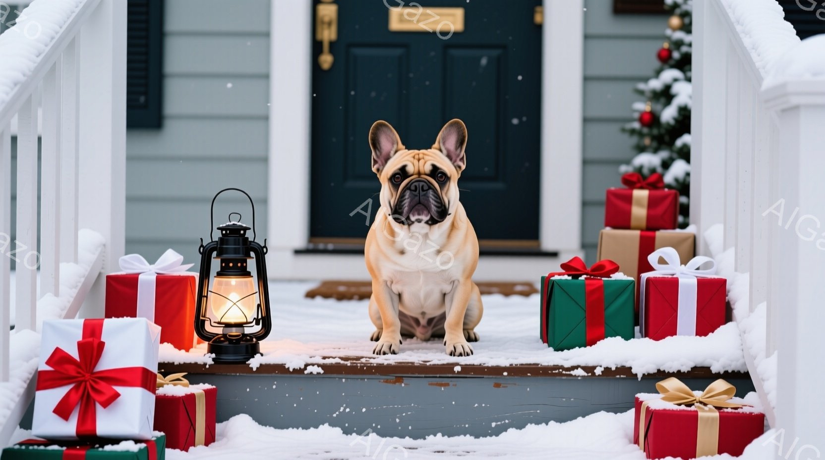 白い雪が積もった家の階段に、タン色のフレンチブルドッグが正面を向いて座っています。周囲には赤や緑のリボンで飾られたギフトボックスが置かれ、暖かな光を放つランタンが添えられています。背景にはクリスマスツ - AI生成フリー素材