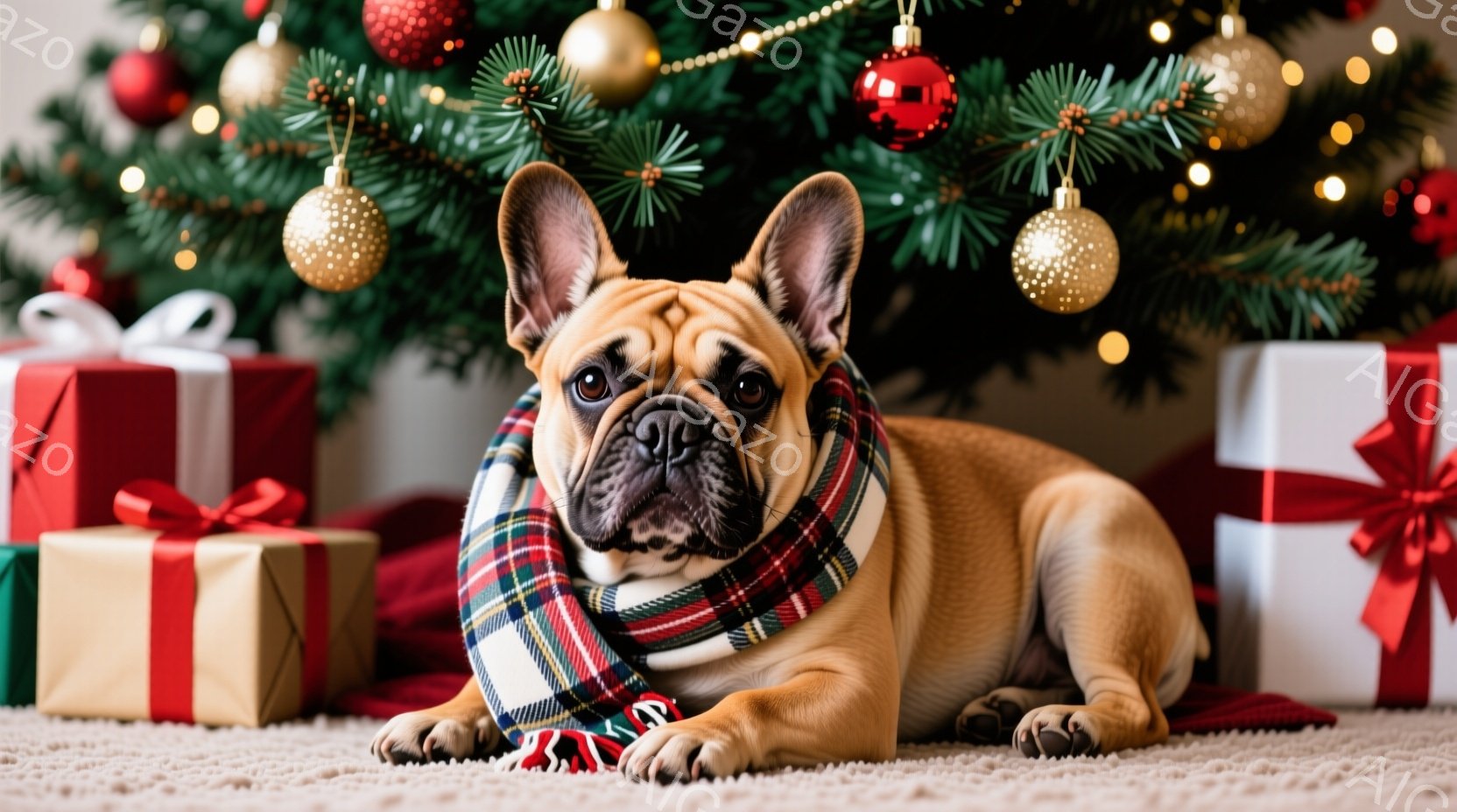 クリーム色の毛並みのフレンチブルドッグが、赤と緑のチェックのストールを首に巻いて床に横たわっています。背景には、赤や金色のオーナメントで飾られたクリスマスツリーと、リボンで飾られたプレゼントボックスが - AI生成フリー素材