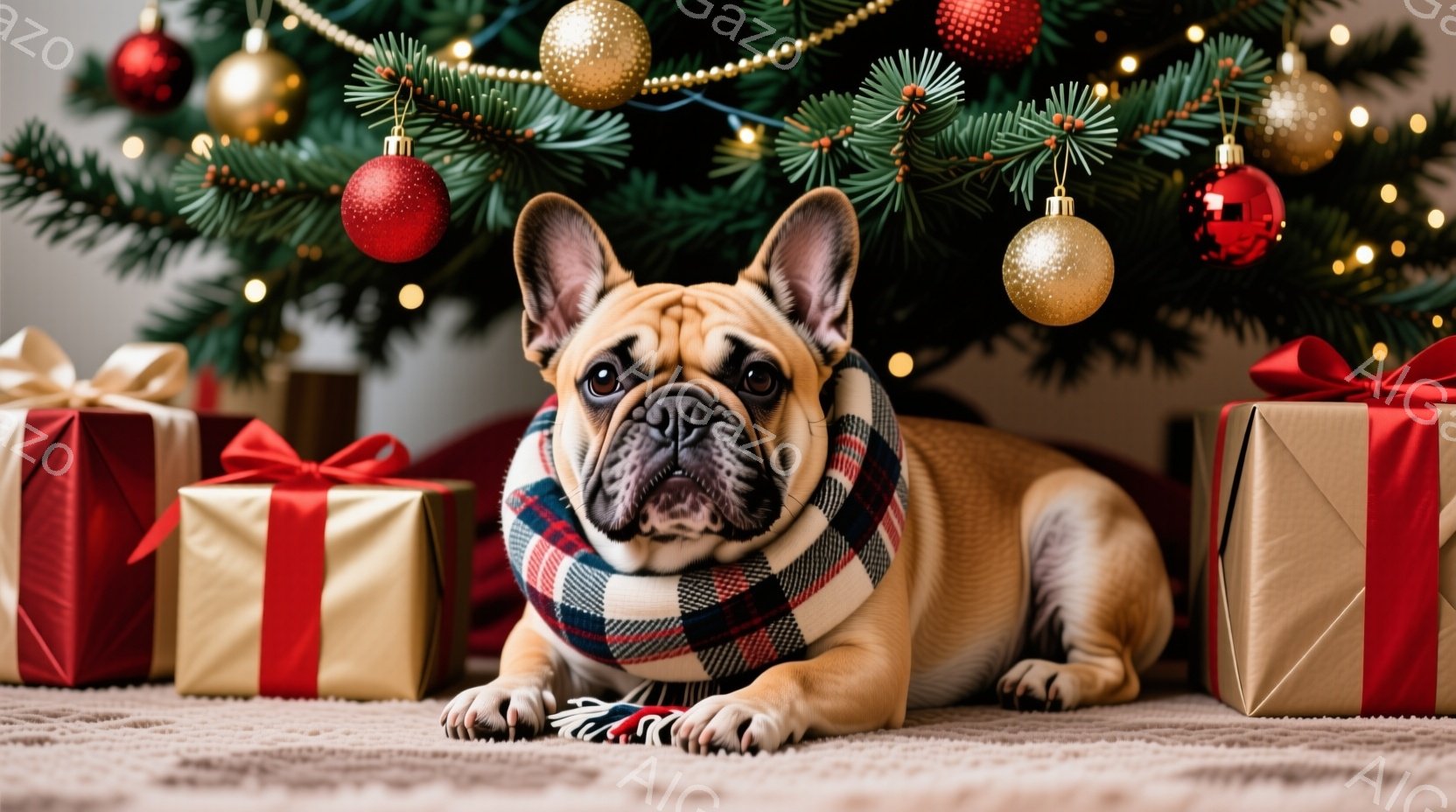 暖炉とクリスマスツリーを背景に、クリーム色のフレンチブルドッグがラグの上に横たわっています。犬は正面を見ており、穏やかでリラックスした表情をしています。背景には、オーナメントで飾られたクリスマスツリー - AI生成フリー素材