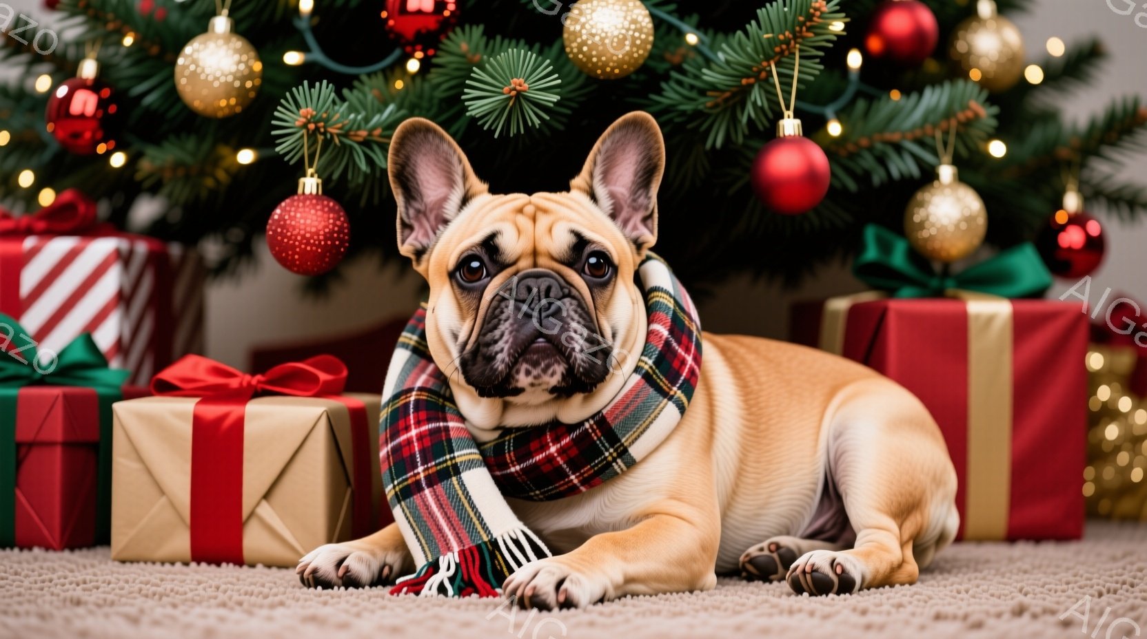 暖炉の前にラッピングされたプレゼントが置かれ、その上にクリーム色のフレンチブルドッグが、赤と白の格子柄のストールを巻いて横たわっています。犬は正面を見据え、穏やかで少し眠たげな表情をしています。背景に - AI生成フリー素材