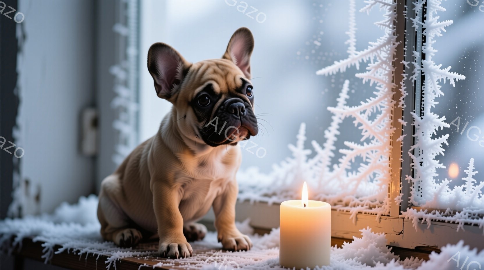 小さなクリーム色のパグの子犬が、雪で覆われた窓枠に座っています。子犬は正面を見ており、少し不安そうな表情をしています。背景には窓に描かれた霜模様と、ぼんやりとした外の景色、そして点灯したキャンドルが見え、冬の静かで穏やかな雰囲気を醸し出しています。
