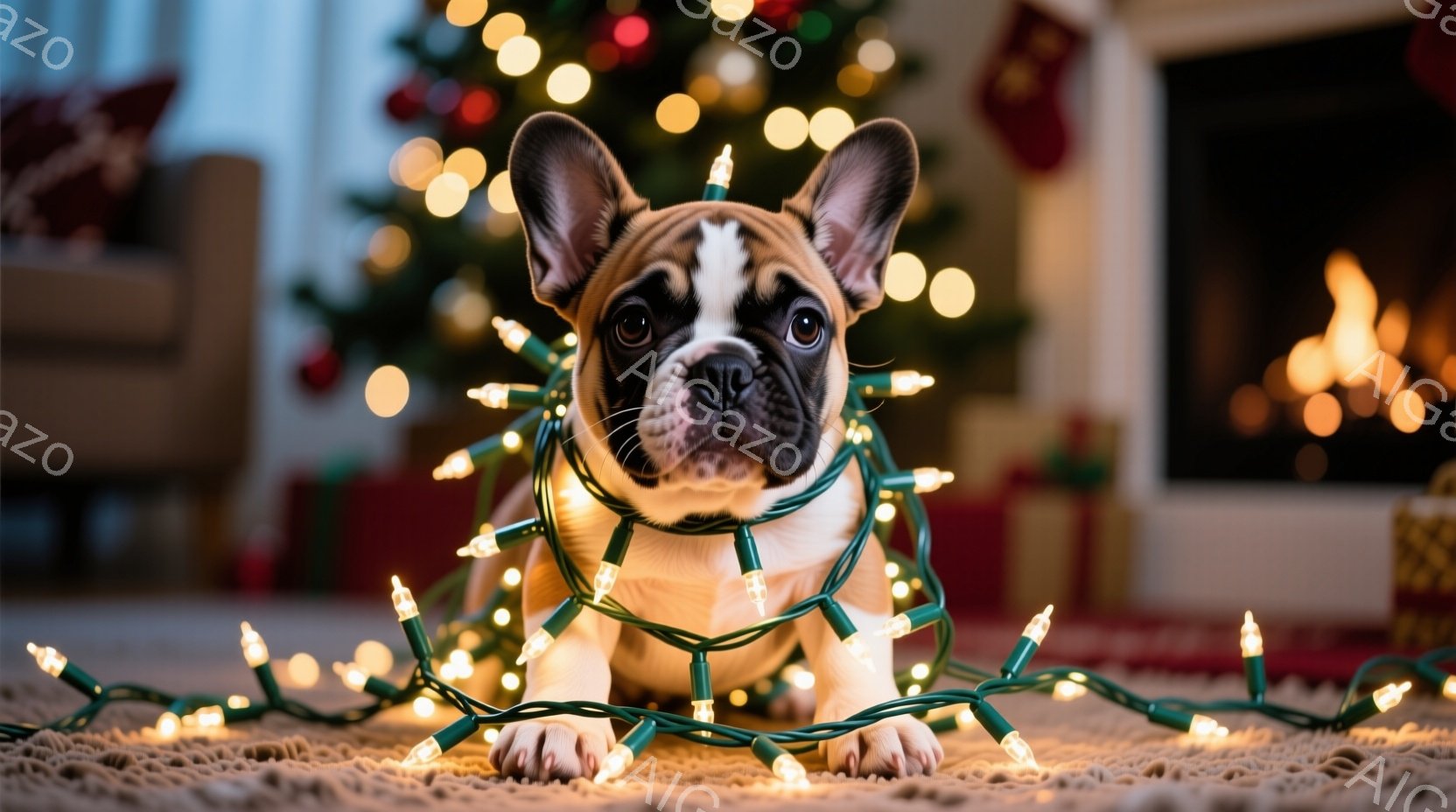 愛らしいフレンチブルドッグが、クリスマスのイルミネーションライトに包まれて床に横たわっています。その表情は少し困惑しているようにも見えますが、全体的には可愛らしい雰囲気を醸し出しています。背景にはクリ - AI生成フリー素材