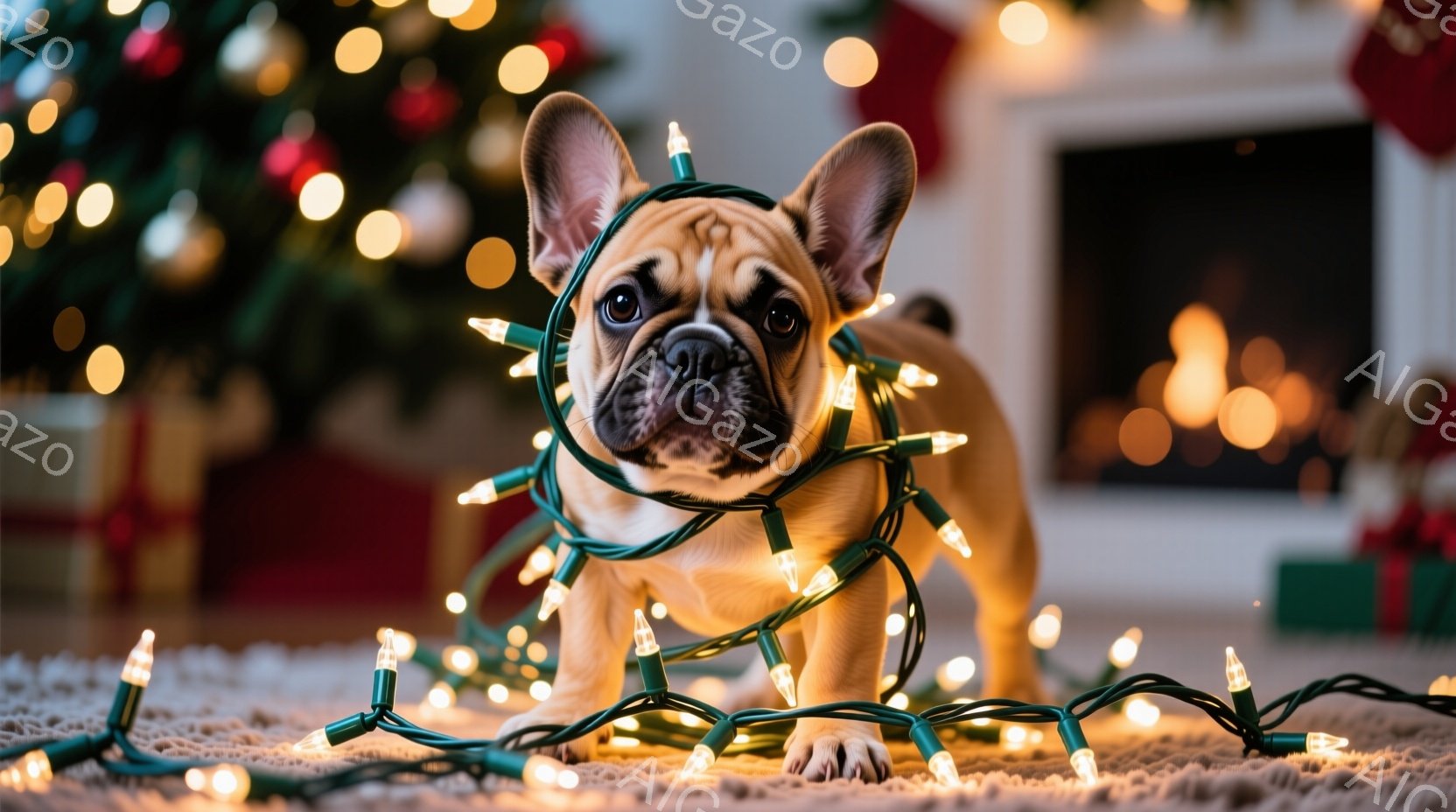小さなフレンチブルドッグが、クリスマスツリーのイルミネーションの光るコードにからまりながら、床に座っています。その表情は少し困惑しているようで、正面を見つめています。背景には、クリスマスツリーやプレゼ - AI生成フリー素材