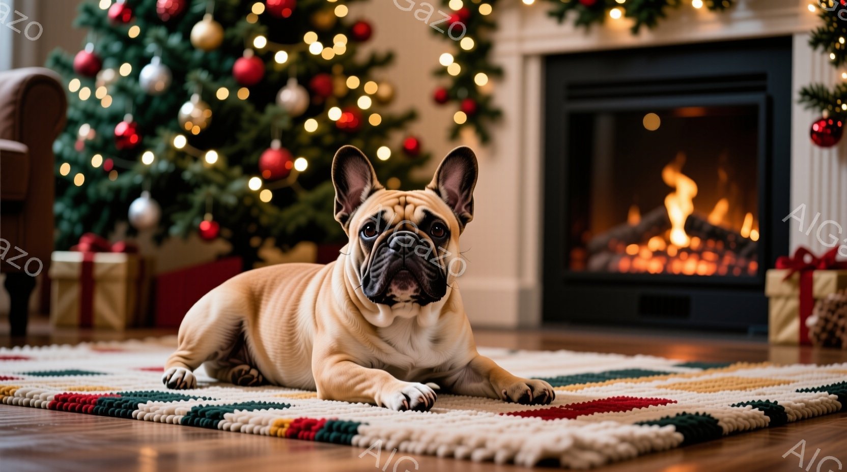 クリーム色の毛並みのフレンチブルドッグが、カラフルな幾何学模様のラグの上に横たわっています。背景には、装飾されたクリスマスツリーと暖炉の火が見え、居心地の良い温かい雰囲気を作り出しています。犬はカメラ - AI生成フリー素材