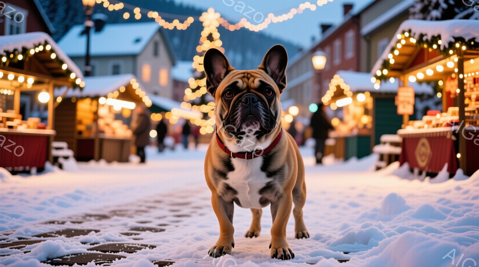 白い雪に覆われた市場の前に、タンと白の毛並みを持つフレンチブルドッグが立っている。赤い首輪をつけ、前足を少し開いてまっすぐにカメラを見つめており、穏やかで自信に満ちた表情を見せている。背景には、クリス - AI生成フリー素材