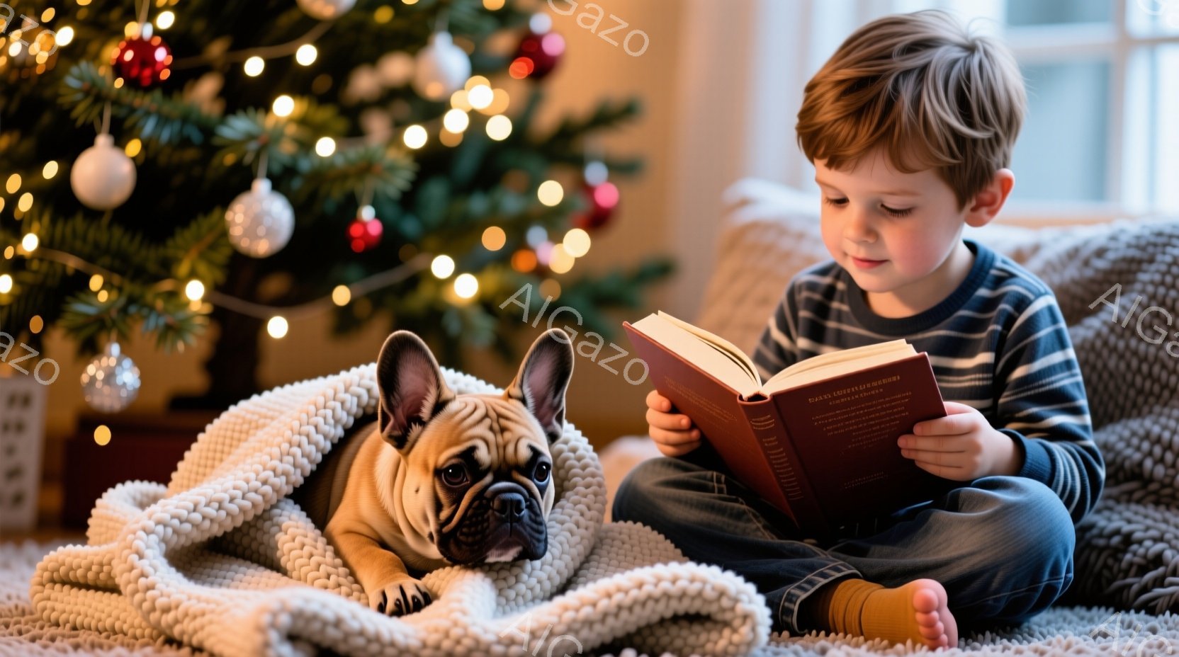 茶色の毛並みの小さなフランスブルドッグが、白い編み物のブランケットに包まれて床に座っています。少年は、グレーの長袖シャツとタンクトップ姿で、本を熱心に読んでおり、膝を抱えて座っています。背景にはクリスマスツリーが飾られ、暖かい光が部屋全体を照らし、居心地の良い冬の雰囲気を醸し出しています。