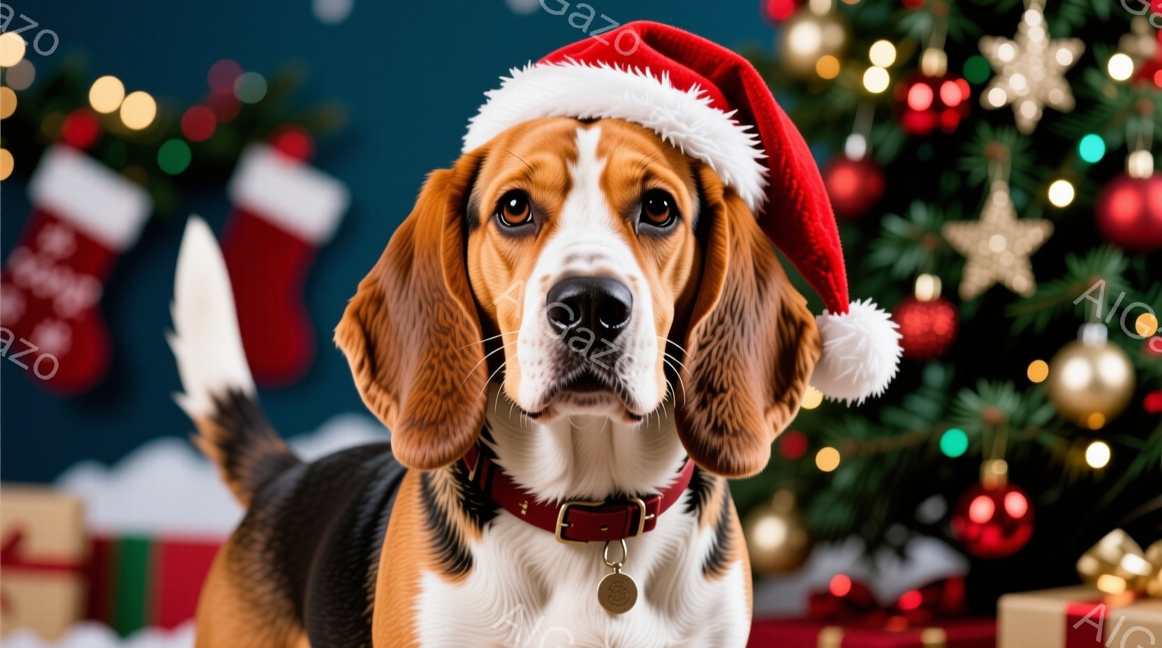 ビーグル犬がクリスマス用の赤い帽子をかぶって正面を見つめています。茶色と白の毛並みで、赤い首輪と金色のタグをつけており、表情は穏やかで愛らしいです。背景には、クリスマスツリー、プレゼント、靴下、そして - AI生成フリー素材