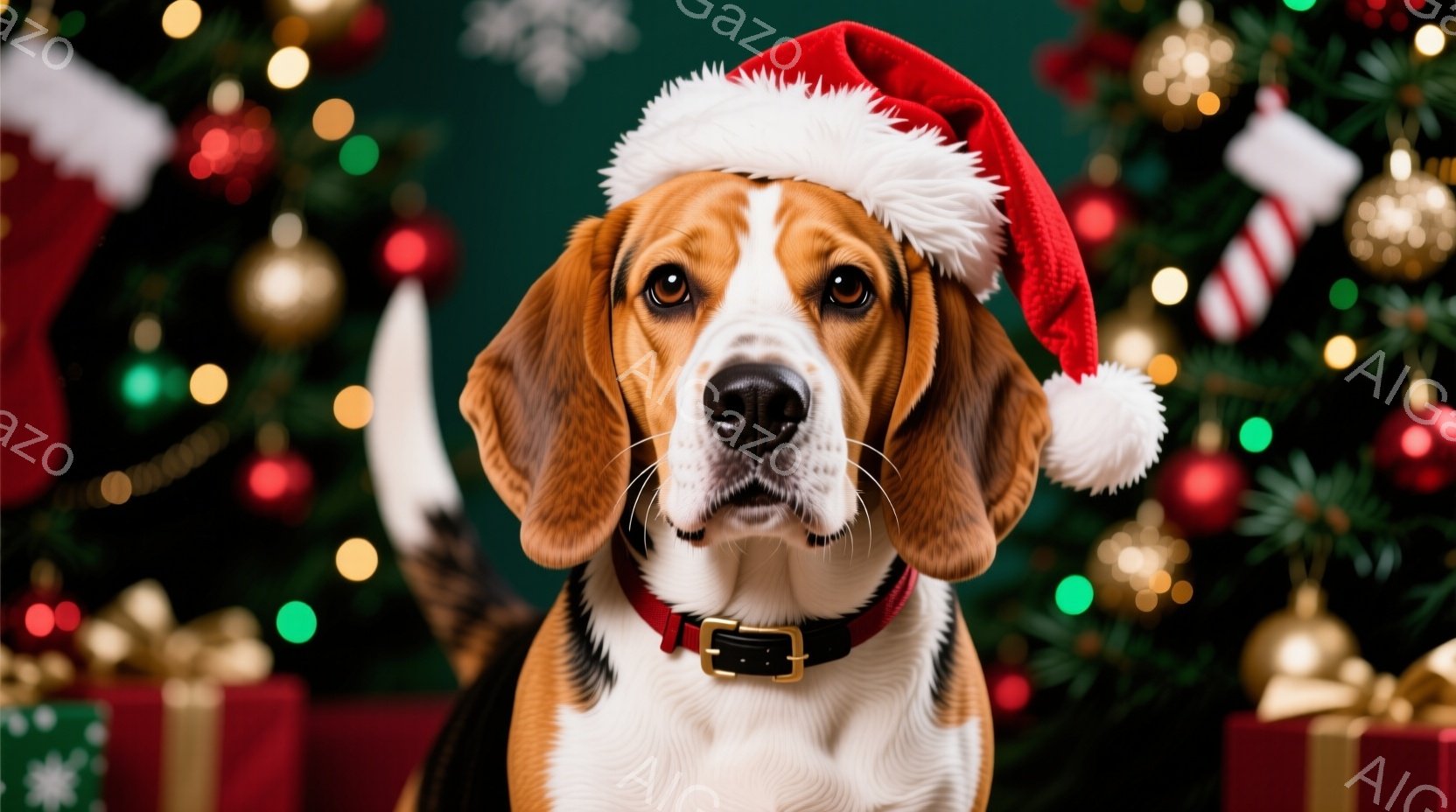ゴールデンレトリバーのような毛並みのビーグル犬が、クリスマスのサンタ帽子を被って正面を見つめています。首輪には赤いラインが入っており、背景には緑色のクリスマスツリーとプレゼントの箱がぼやけて見え、華や - AI生成フリー素材