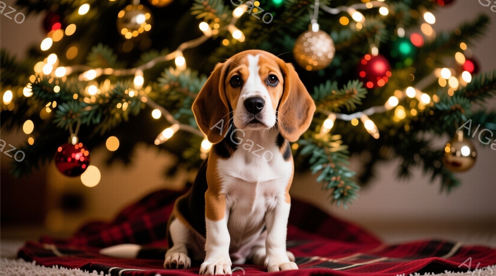 幼いビーグル犬が赤いチェック柄のブランケットの上に座って正面を見つめています。背景にはクリスマスツリーがぼんやりと見え、温かい光で飾られたオーナメントが輝いています。全体的に、暖かく、お祝いムードに満 - AI生成フリー素材