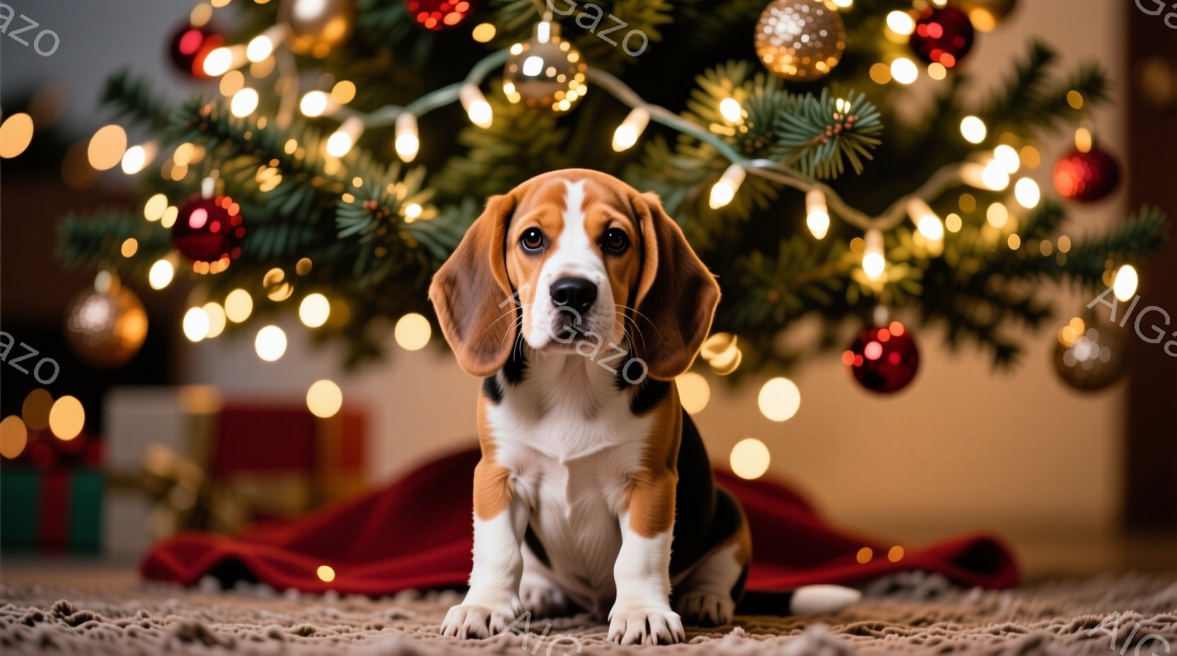 クリスマスツリーの足元に、ビーグルの子犬が座っています。子犬は茶色と白の毛並みで、大きな丸い目でまっすぐカメラを見ています。背景には赤い布とプレゼントの箱が散らばり、ぼんやりとしたクリスマスツリーの光 - AI生成フリー素材