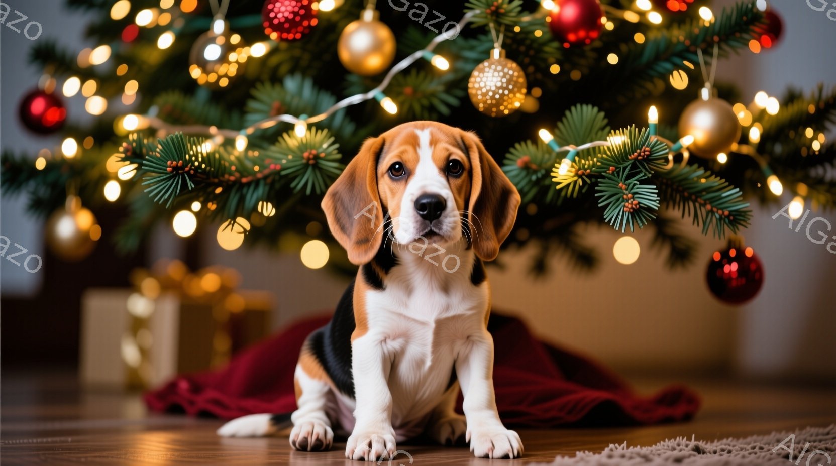 可愛らしいビーグル犬が赤い毛布の上に座っており、正面を見つめています。背景には、装飾されたクリスマスツリーが光り輝き、暖かくお祝いムードを醸し出しています。木製の床とクリスマスのオーナメントが、家族的な温かさを感じさせる空間を作り出しています。